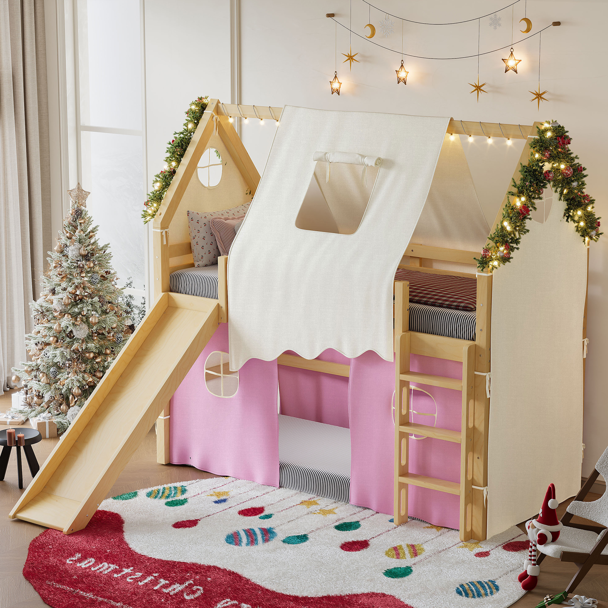 Twin Size House Loft Bed with Sills and Tents, Solid Wood Loft Bed with Ladders and Slide, Chic Design with Lights, No Box Spring Needed, Natural+Pink - Image 2
