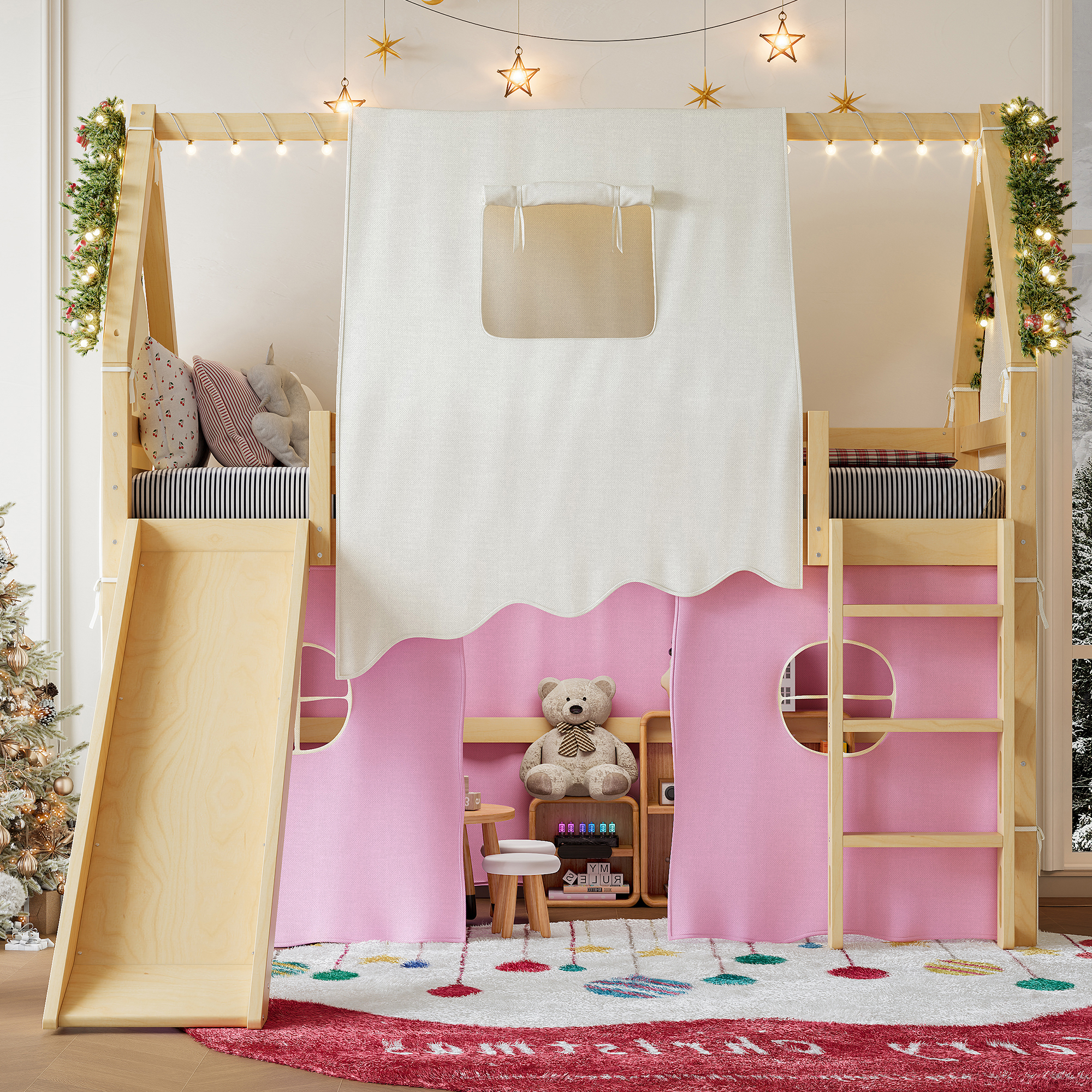 Twin Size House Loft Bed with Sills and Tents, Solid Wood Loft Bed with Ladders and Slide, Chic Design with Lights, No Box Spring Needed, Natural+Pink - Image 3