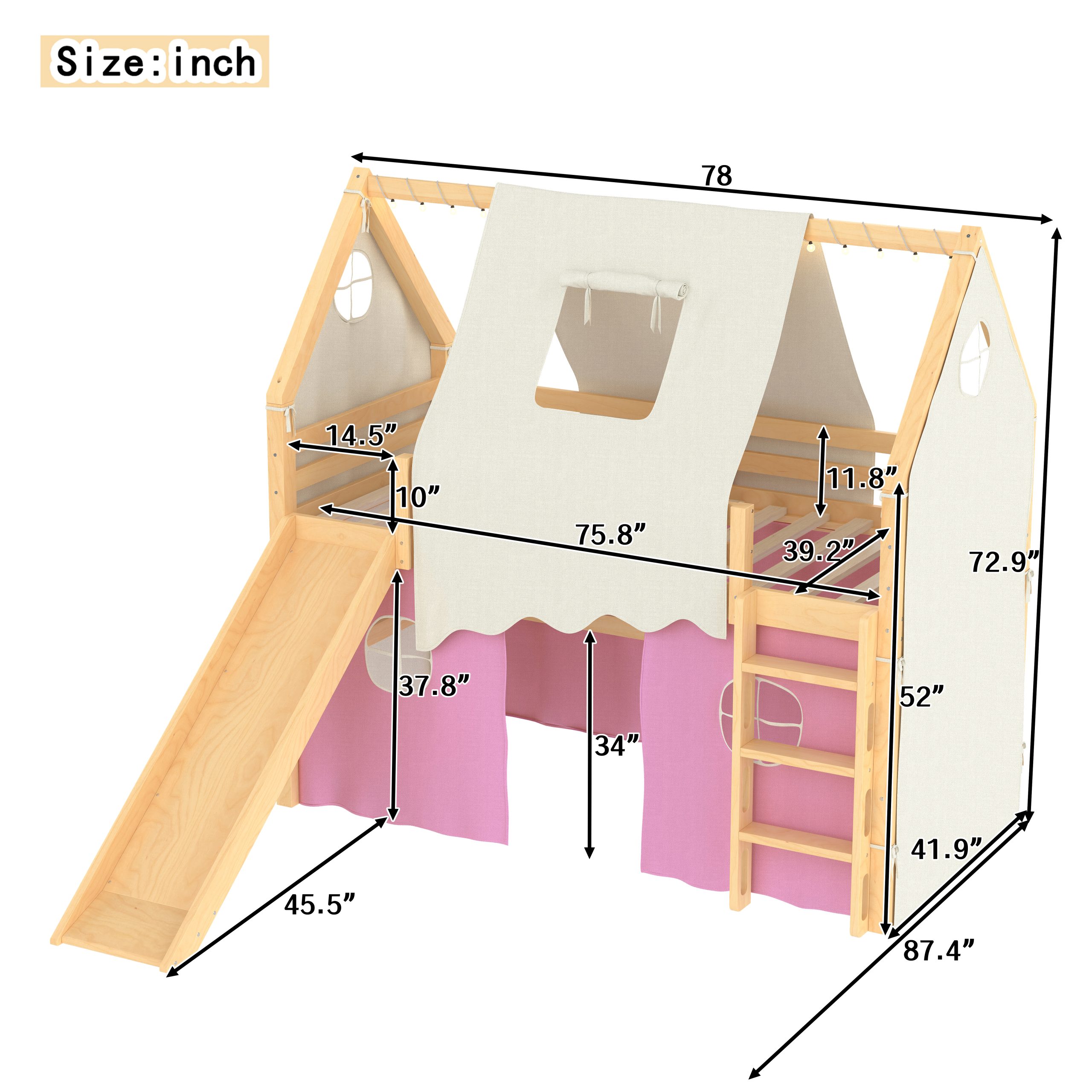Twin Size House Loft Bed with Sills and Tents, Solid Wood Loft Bed with Ladders and Slide, Chic Design with Lights, No Box Spring Needed, Natural+Pink - Image 4