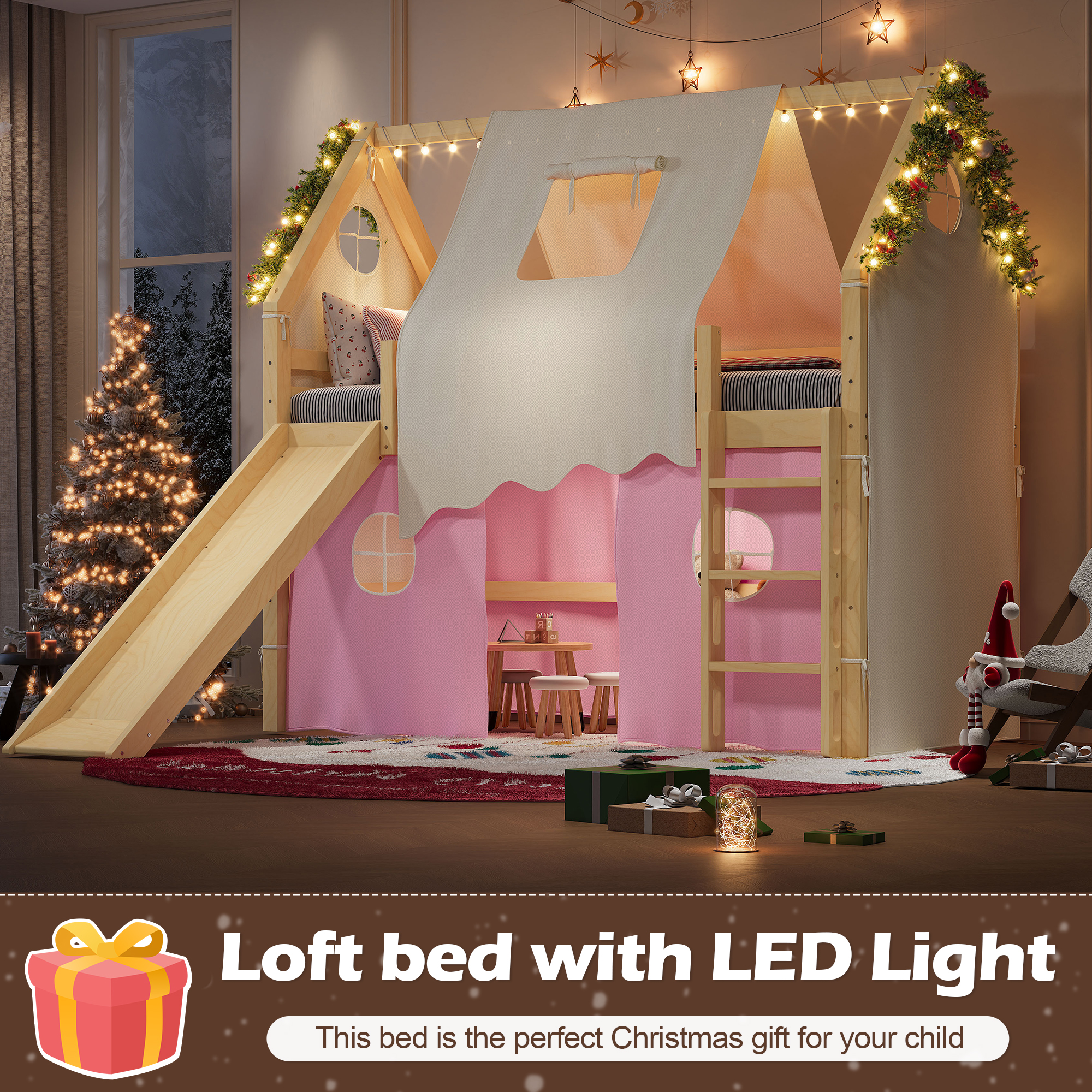 Twin Size House Loft Bed with Sills and Tents, Solid Wood Loft Bed with Ladders and Slide, Chic Design with Lights, No Box Spring Needed, Natural+Pink - Image 5
