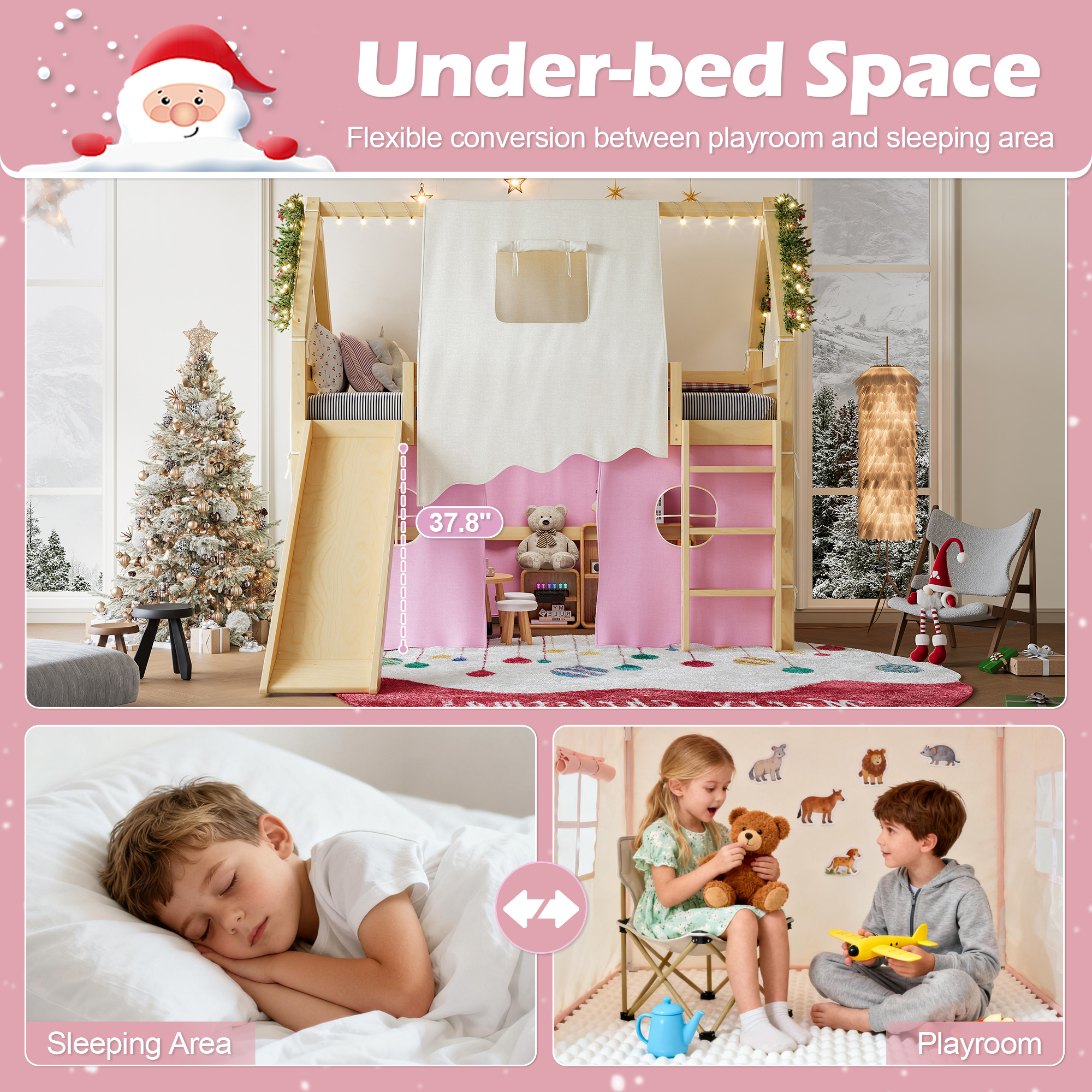 Twin Size House Loft Bed with Sills and Tents, Solid Wood Loft Bed with Ladders and Slide, Chic Design with Lights, No Box Spring Needed, Natural+Pink - Image 6