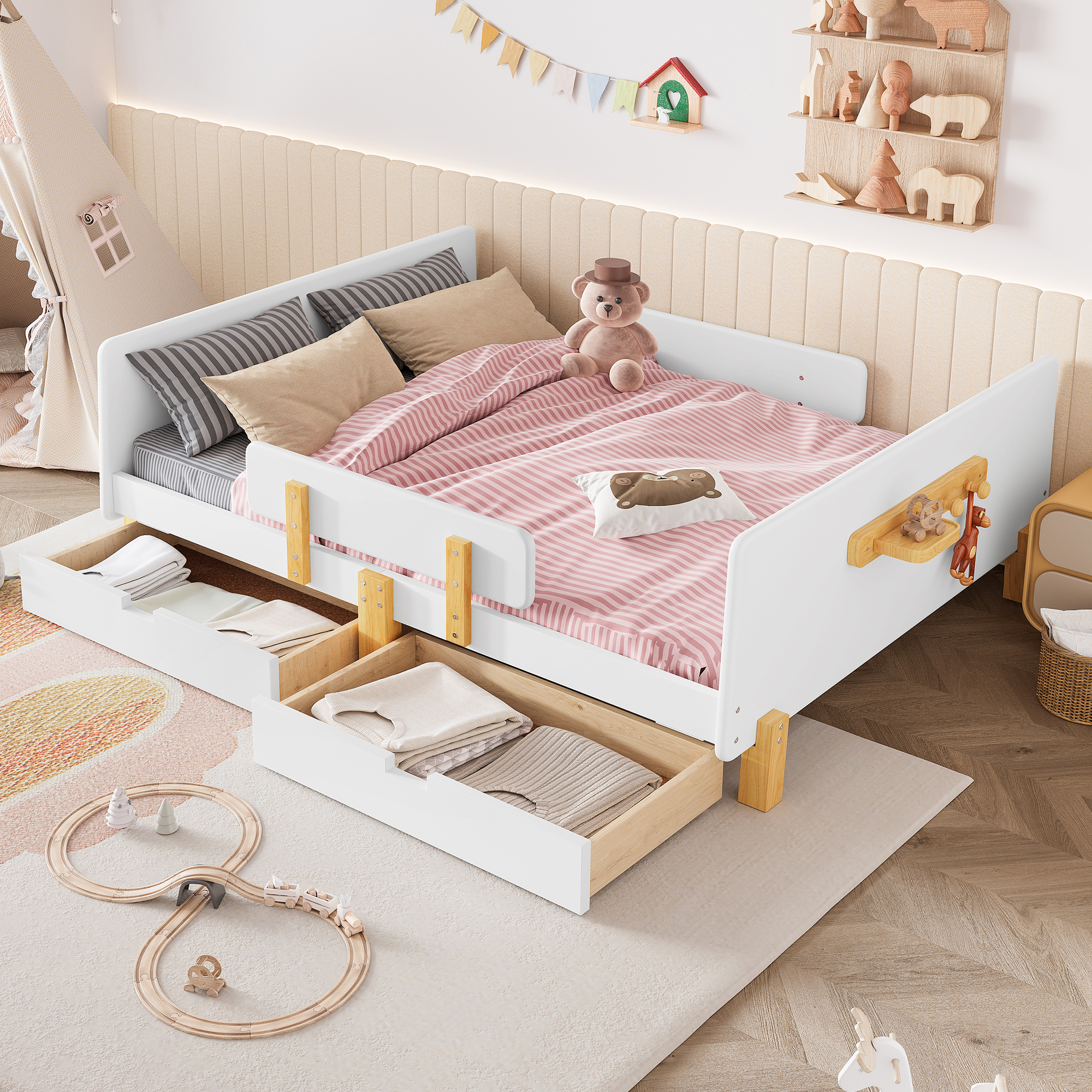 Full Size Platform Bed with Storage Drawers, Solid Wood Beds Frame with Bed Guardrail, Small Shelf, and Hooks, No Box Spring Needed, White - Image 1