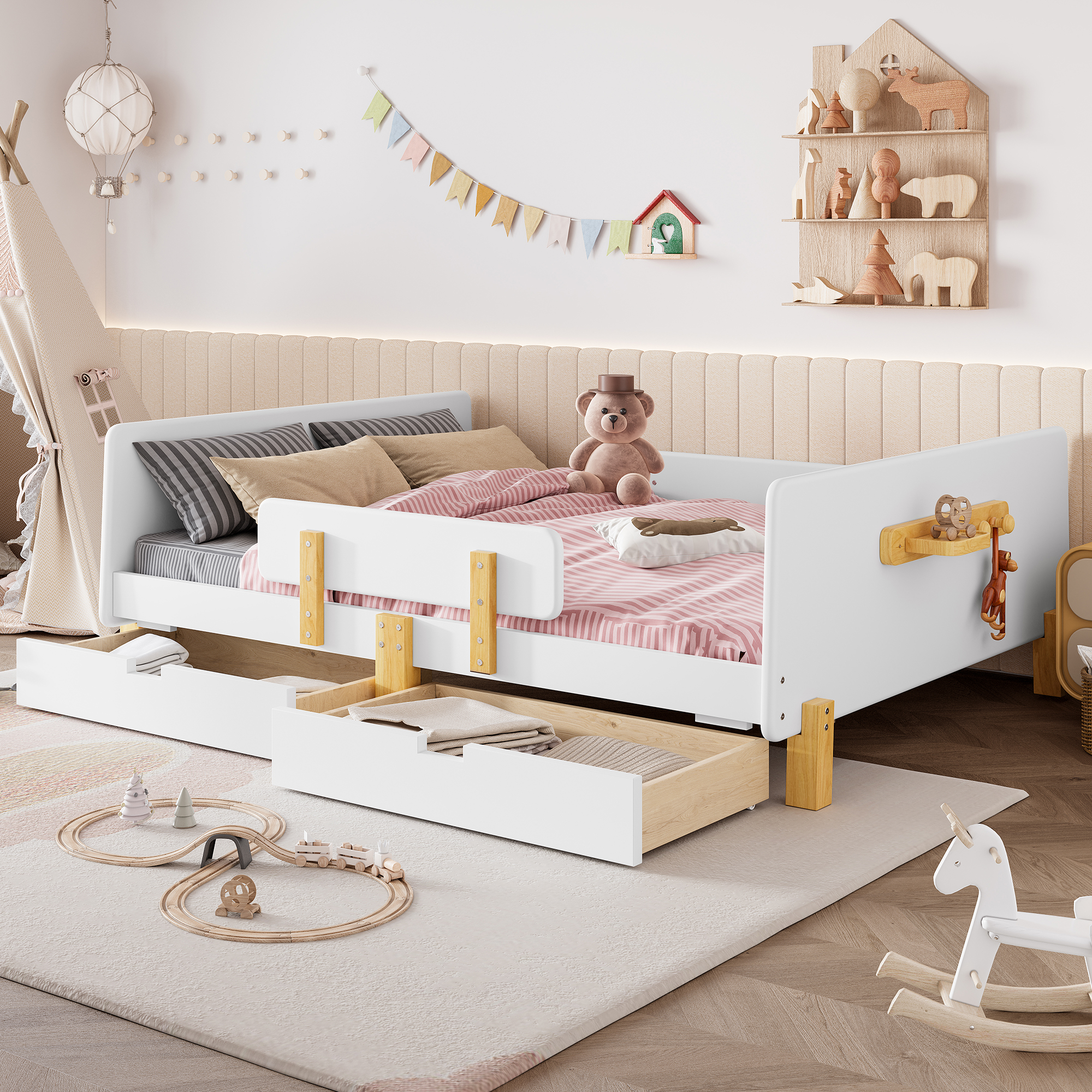 Full Size Platform Bed with Storage Drawers, Solid Wood Beds Frame with Bed Guardrail, Small Shelf, and Hooks, No Box Spring Needed, White - Image 2