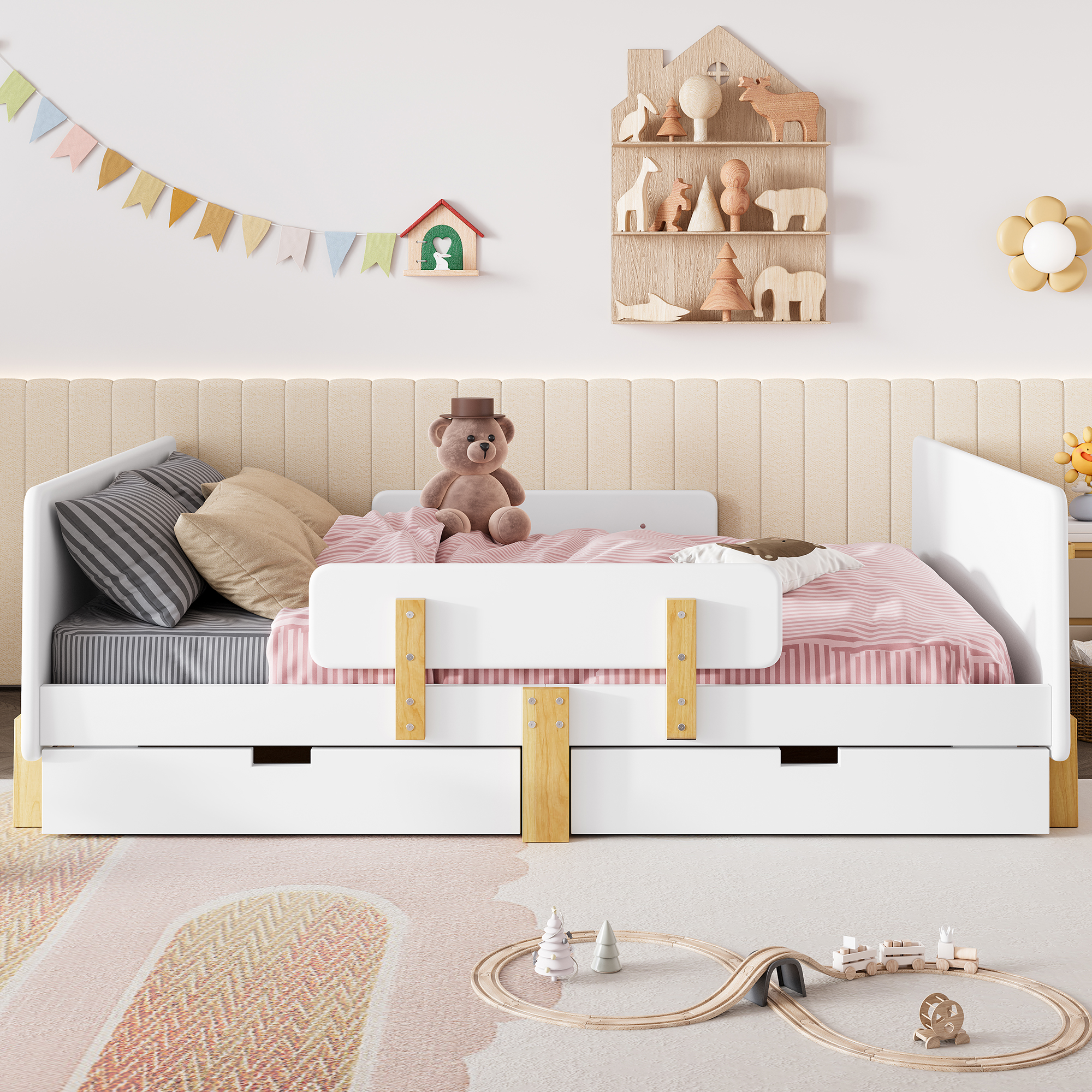 Full Size Platform Bed with Storage Drawers, Solid Wood Beds Frame with Bed Guardrail, Small Shelf, and Hooks, No Box Spring Needed, White - Image 3
