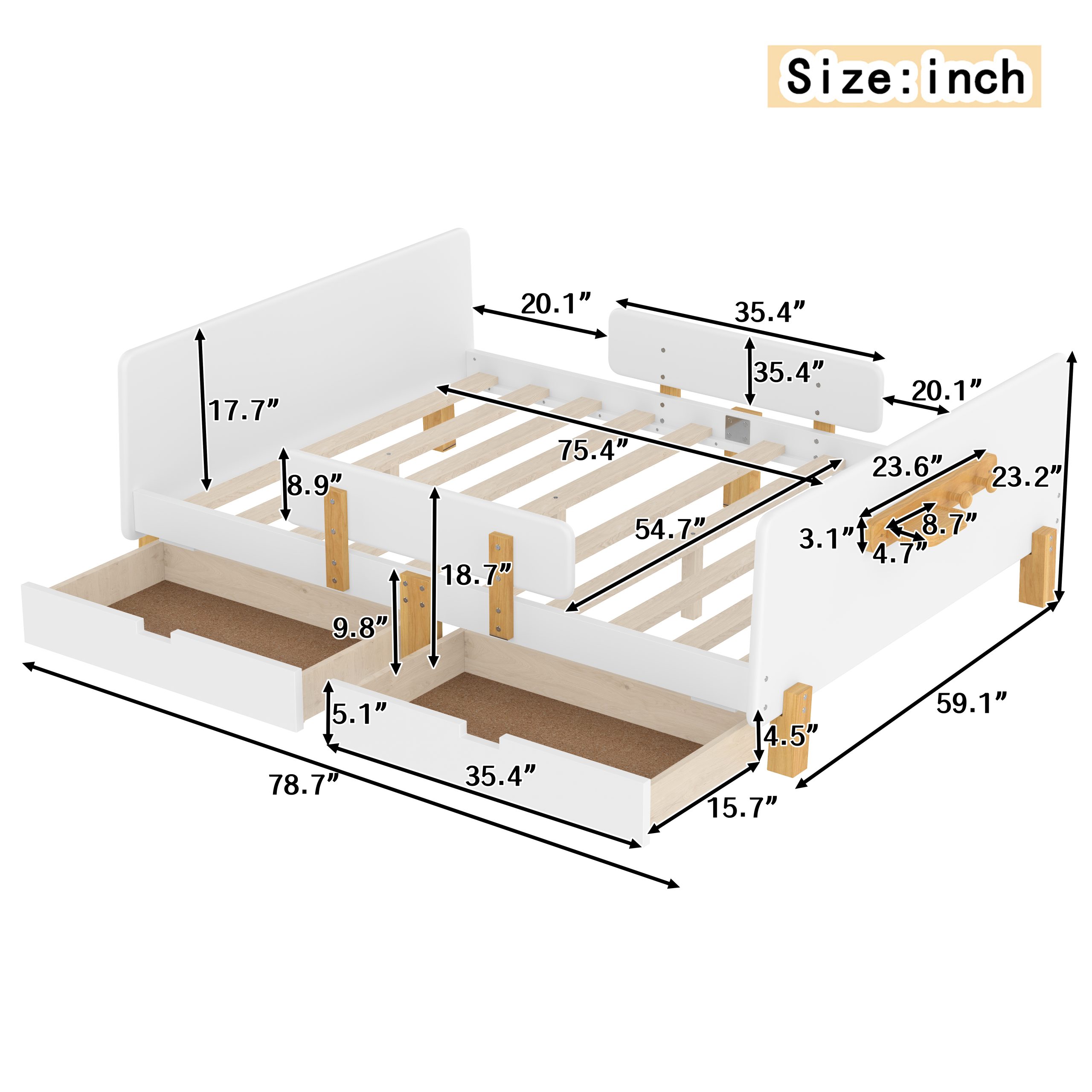 Full Size Platform Bed with Storage Drawers, Solid Wood Beds Frame with Bed Guardrail, Small Shelf, and Hooks, No Box Spring Needed, White - Image 5