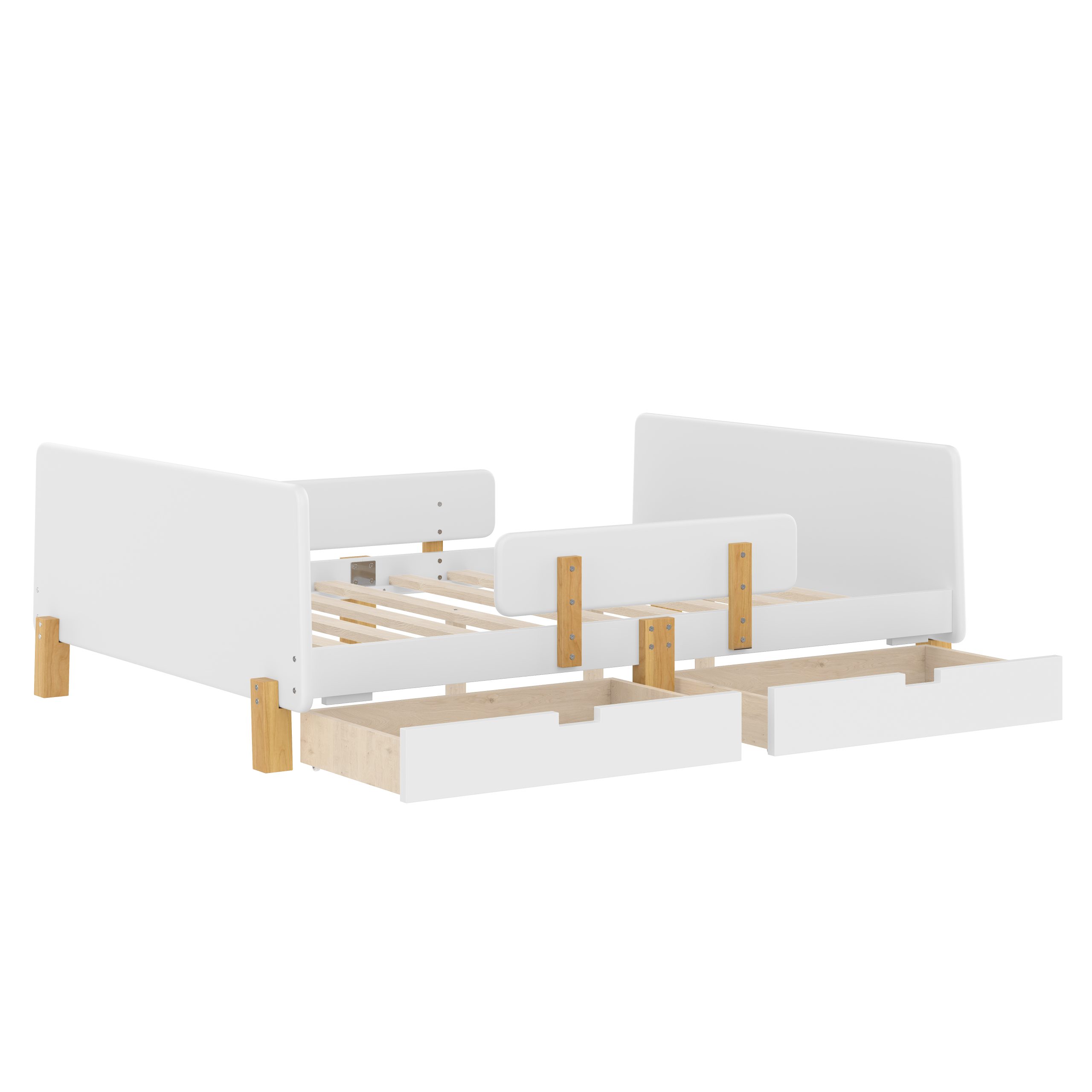 Full Size Platform Bed with Storage Drawers, Solid Wood Beds Frame with Bed Guardrail, Small Shelf, and Hooks, No Box Spring Needed, White - Image 6