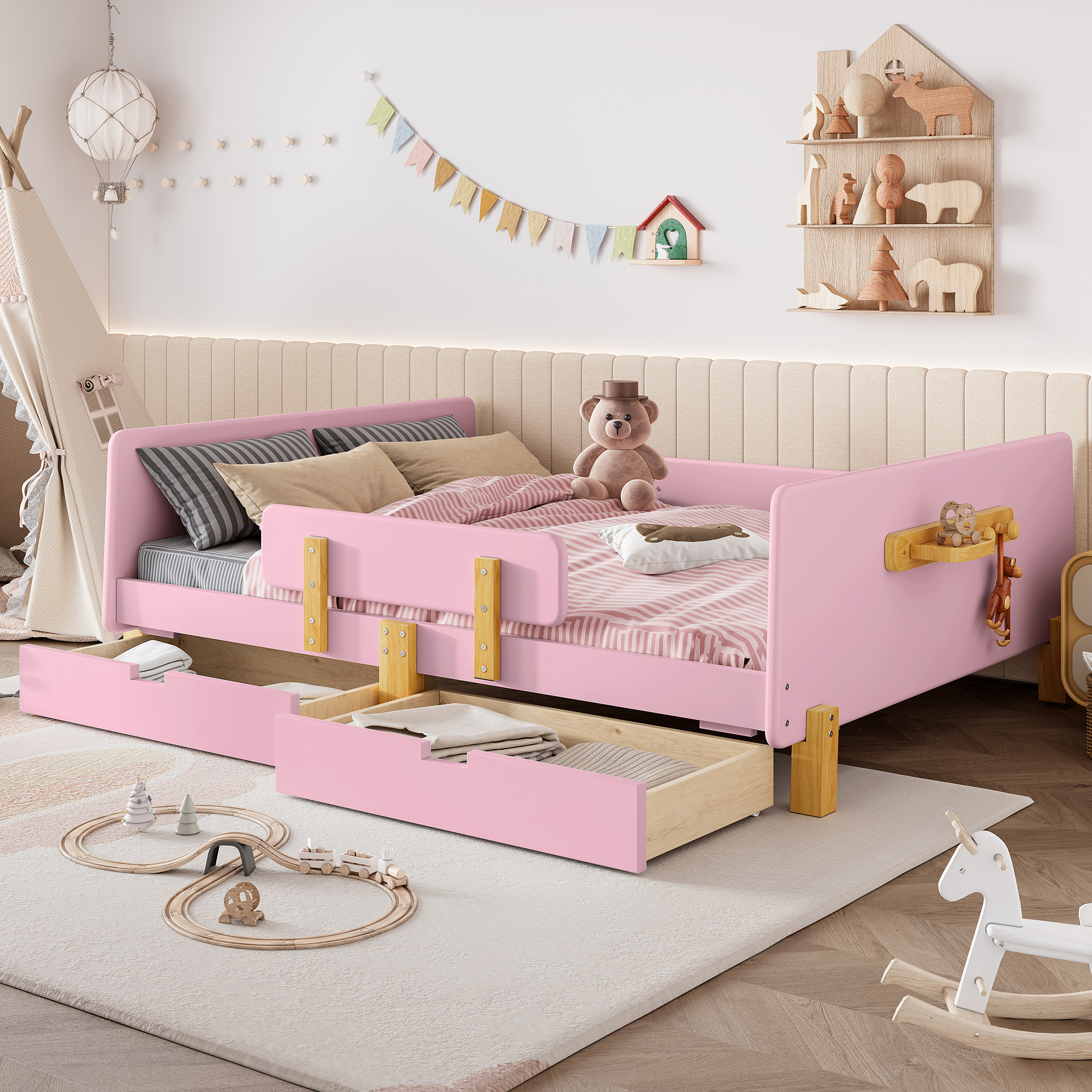 Full Size Platform Bed with Storage Drawers, Solid Wood Beds Frame with Bed Guardrail, Small Shelf, and Hooks, No Box Spring Needed, Pink - Image 2