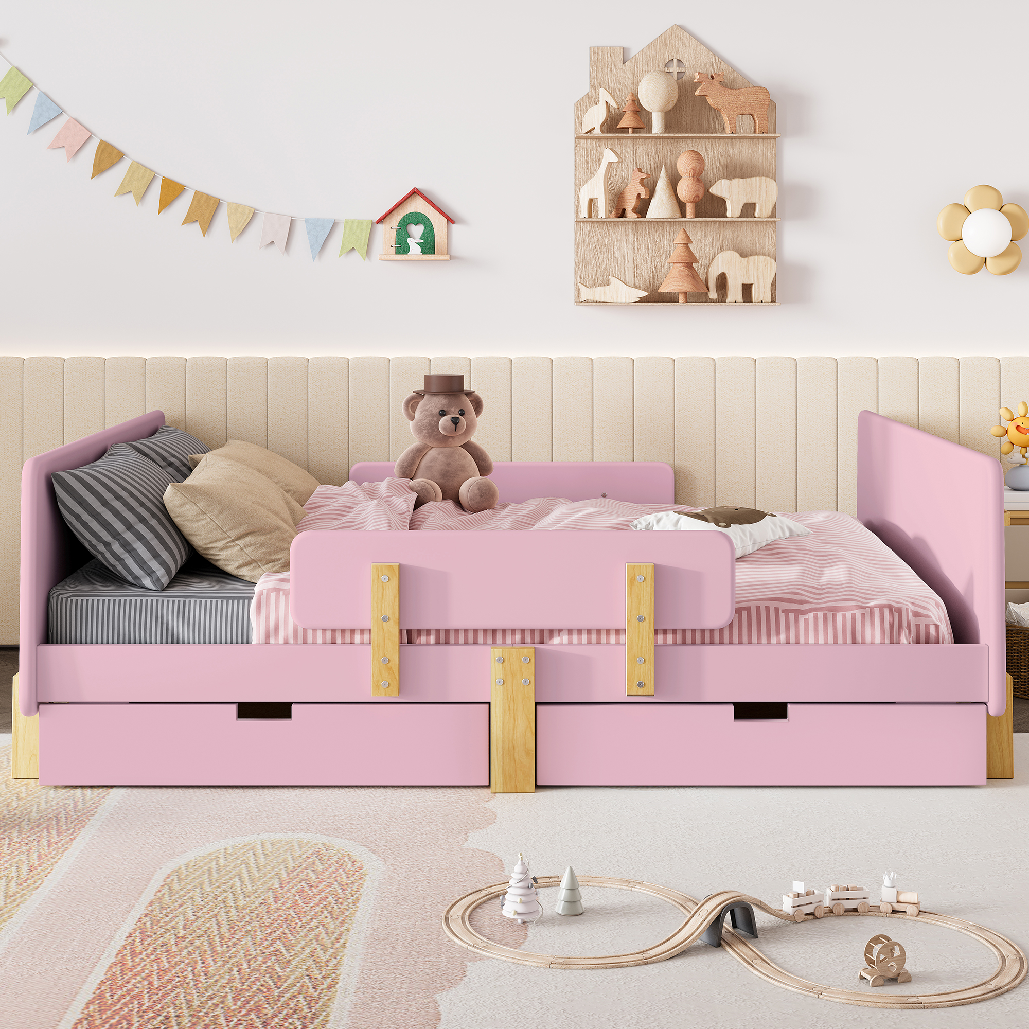 Full Size Platform Bed with Storage Drawers, Solid Wood Beds Frame with Bed Guardrail, Small Shelf, and Hooks, No Box Spring Needed, Pink - Image 3