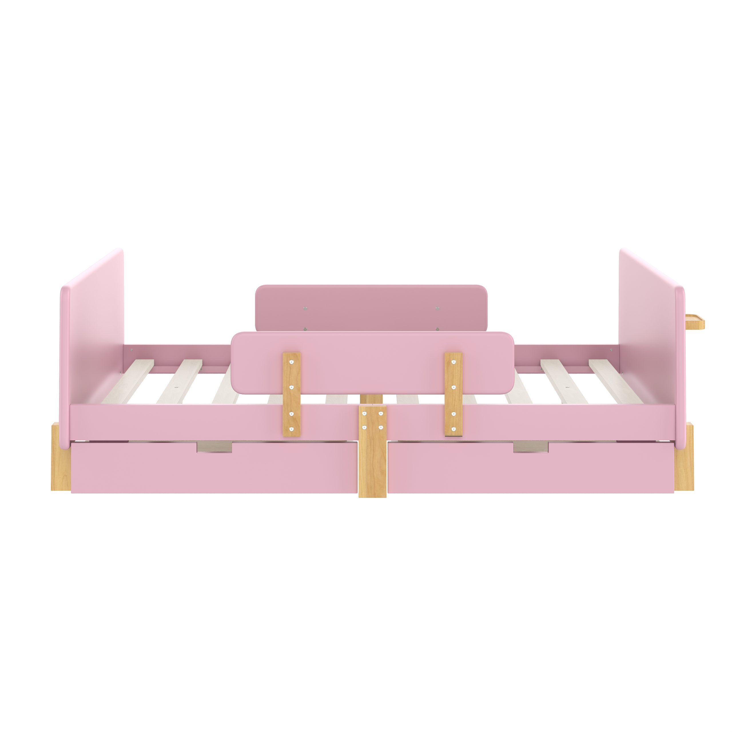 Full Size Platform Bed with Storage Drawers, Solid Wood Beds Frame with Bed Guardrail, Small Shelf, and Hooks, No Box Spring Needed, Pink - Image 5