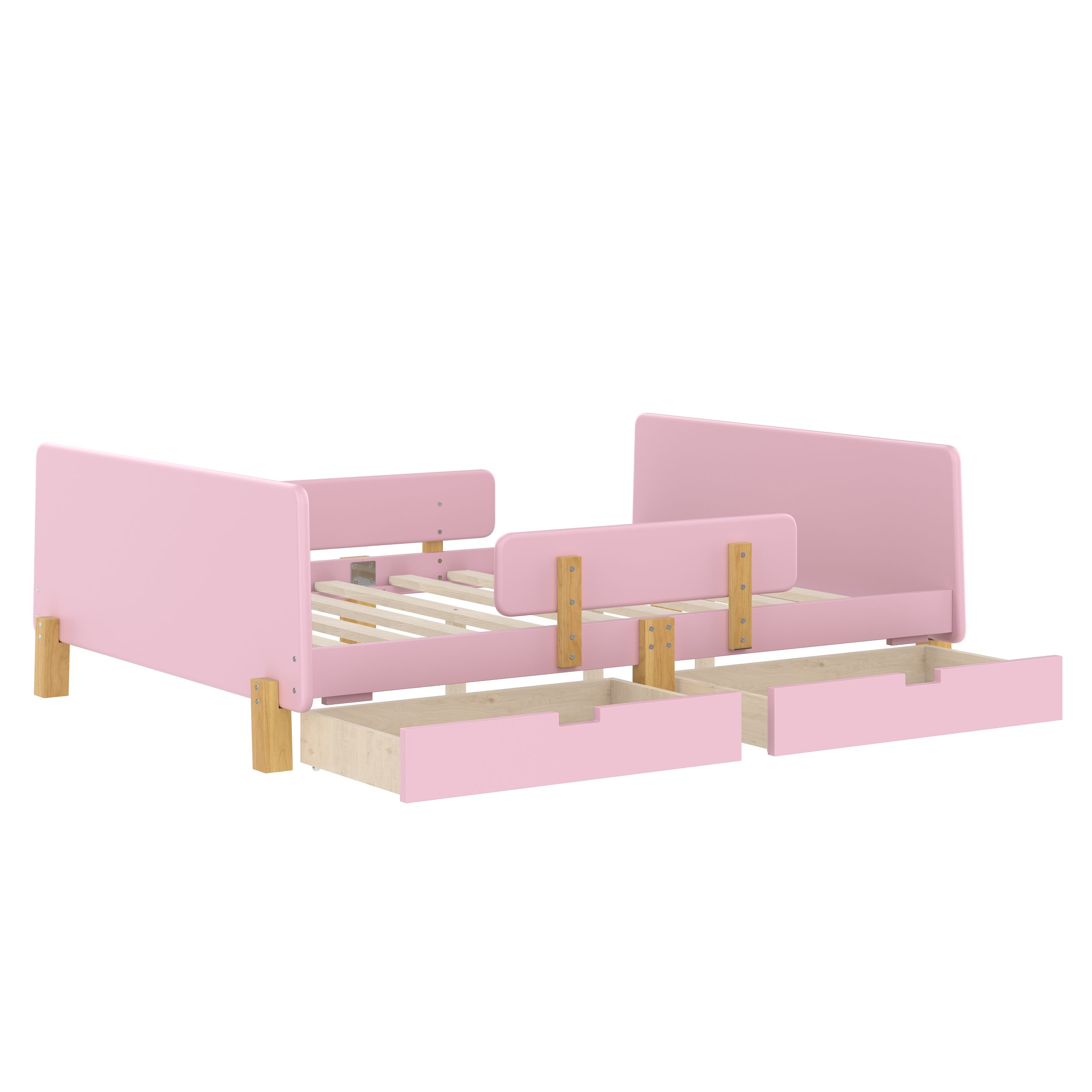 Full Size Platform Bed with Storage Drawers, Solid Wood Beds Frame with Bed Guardrail, Small Shelf, and Hooks, No Box Spring Needed, Pink - Image 6