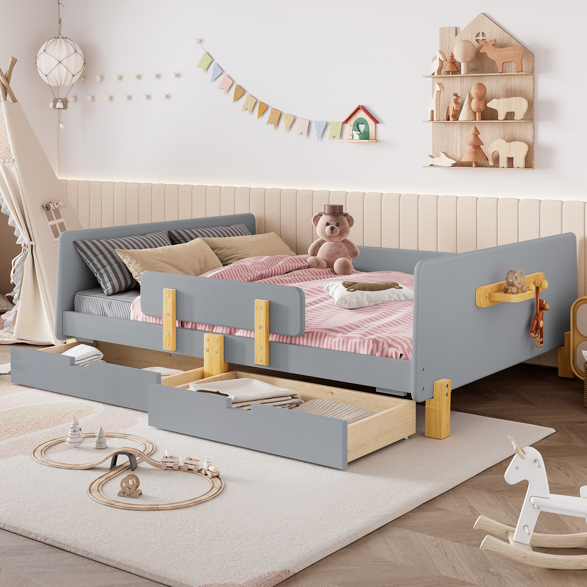 Full Size Platform Bed with Storage Drawers, Solid Wood Beds Frame with Bed Guardrail, Small Shelf, and Hooks, No Box Spring Needed, Gray - Image 2