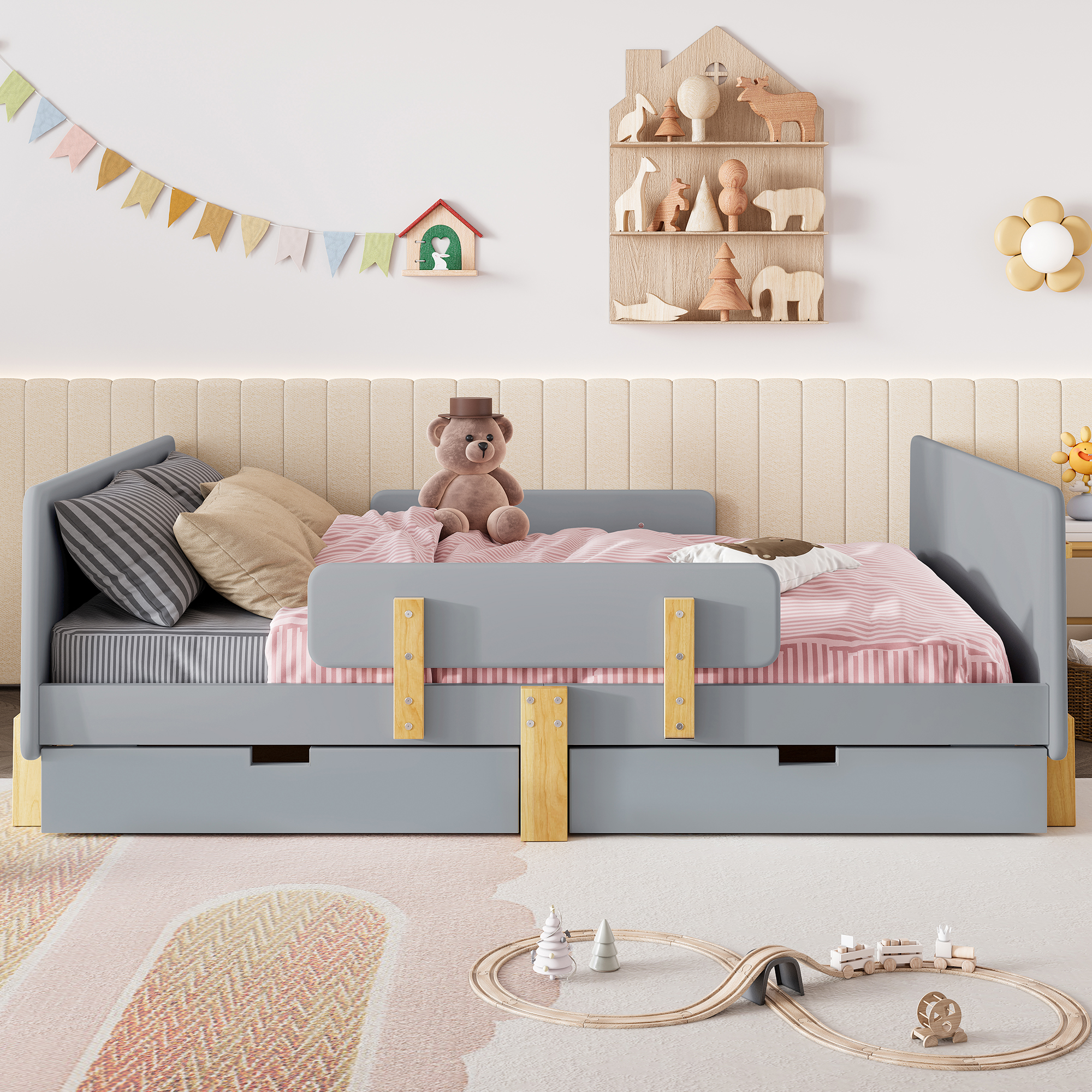 Full Size Platform Bed with Storage Drawers, Solid Wood Beds Frame with Bed Guardrail, Small Shelf, and Hooks, No Box Spring Needed, Gray - Image 3