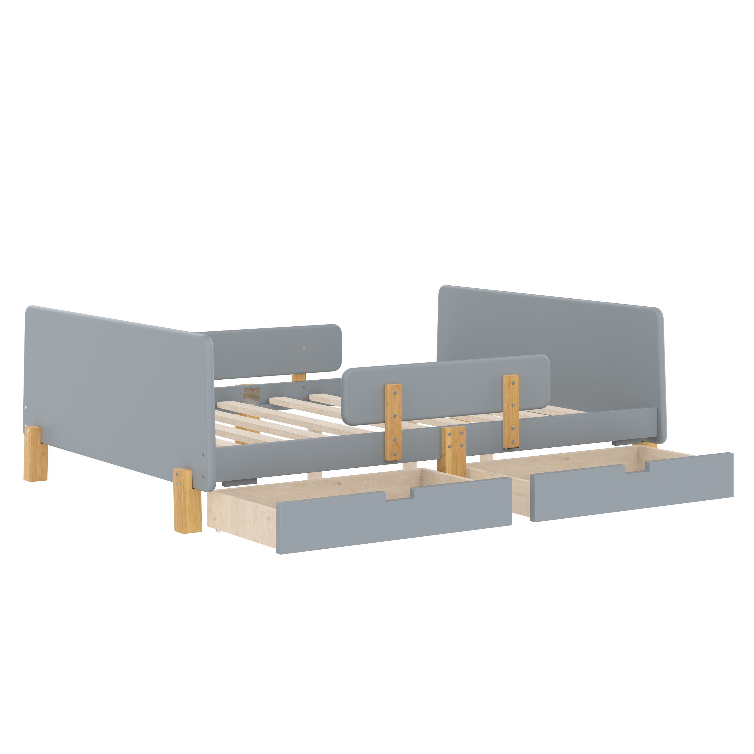 Full Size Platform Bed with Storage Drawers, Solid Wood Beds Frame with Bed Guardrail, Small Shelf, and Hooks, No Box Spring Needed, Gray - Image 6