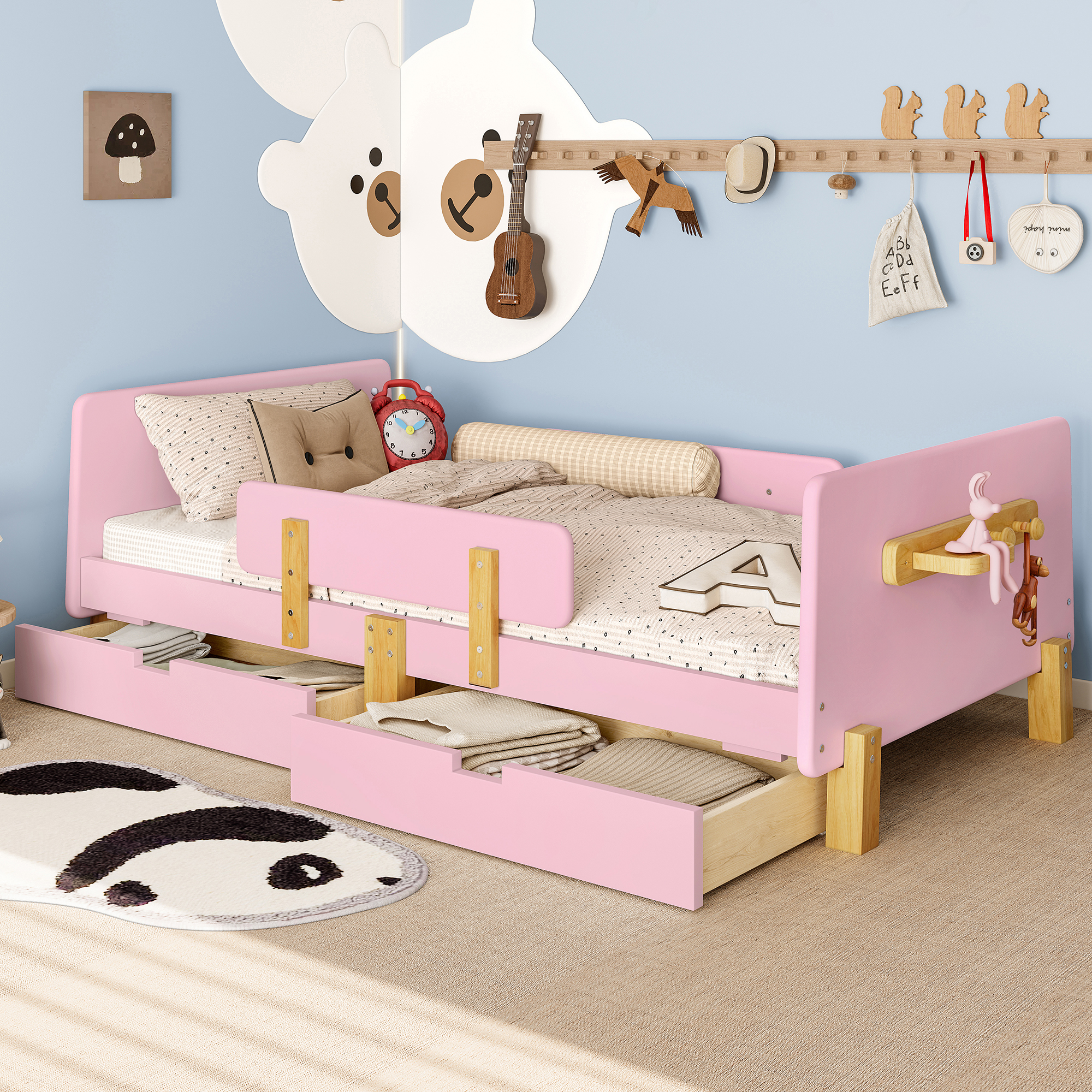 Twin Size Platform Bed with Storage Drawers, Solid Wood Beds Frame with Bed Guardrail, Small Shelf, and Hooks, No Box Spring Needed, Pink - Image 2