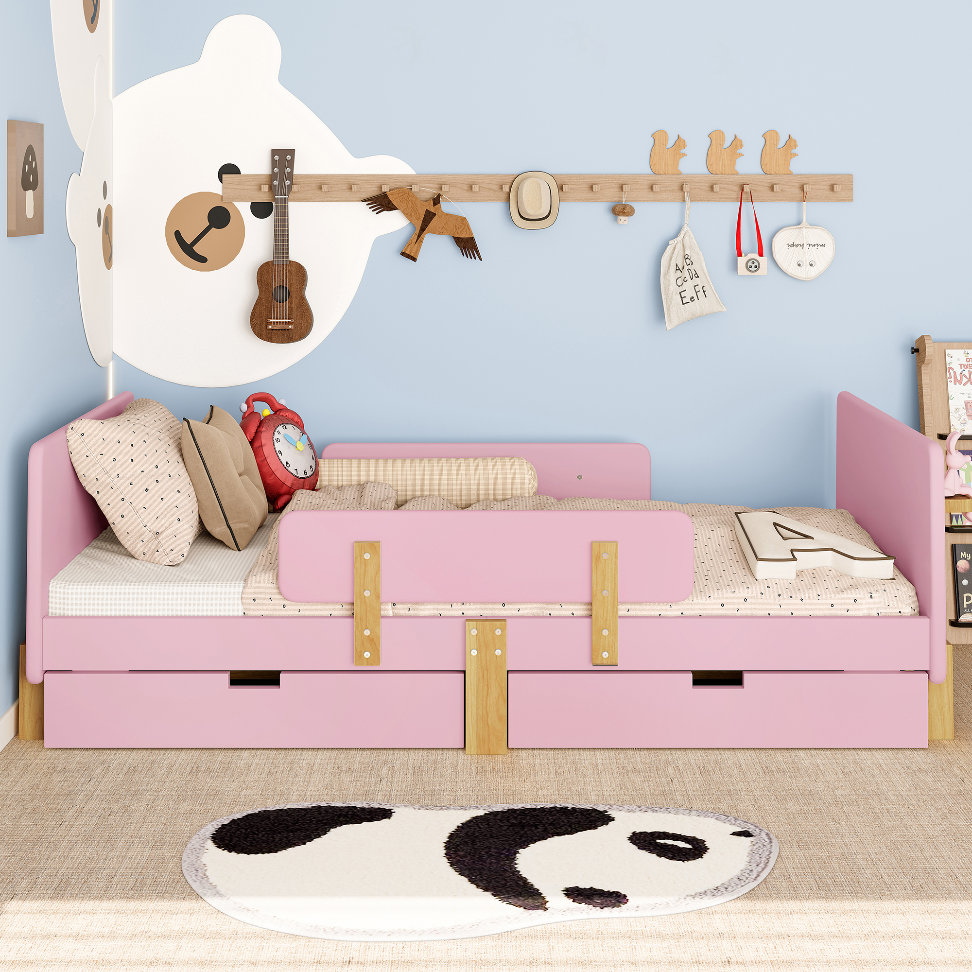 Twin Size Platform Bed with Storage Drawers, Solid Wood Beds Frame with Bed Guardrail, Small Shelf, and Hooks, No Box Spring Needed, Pink - Image 3
