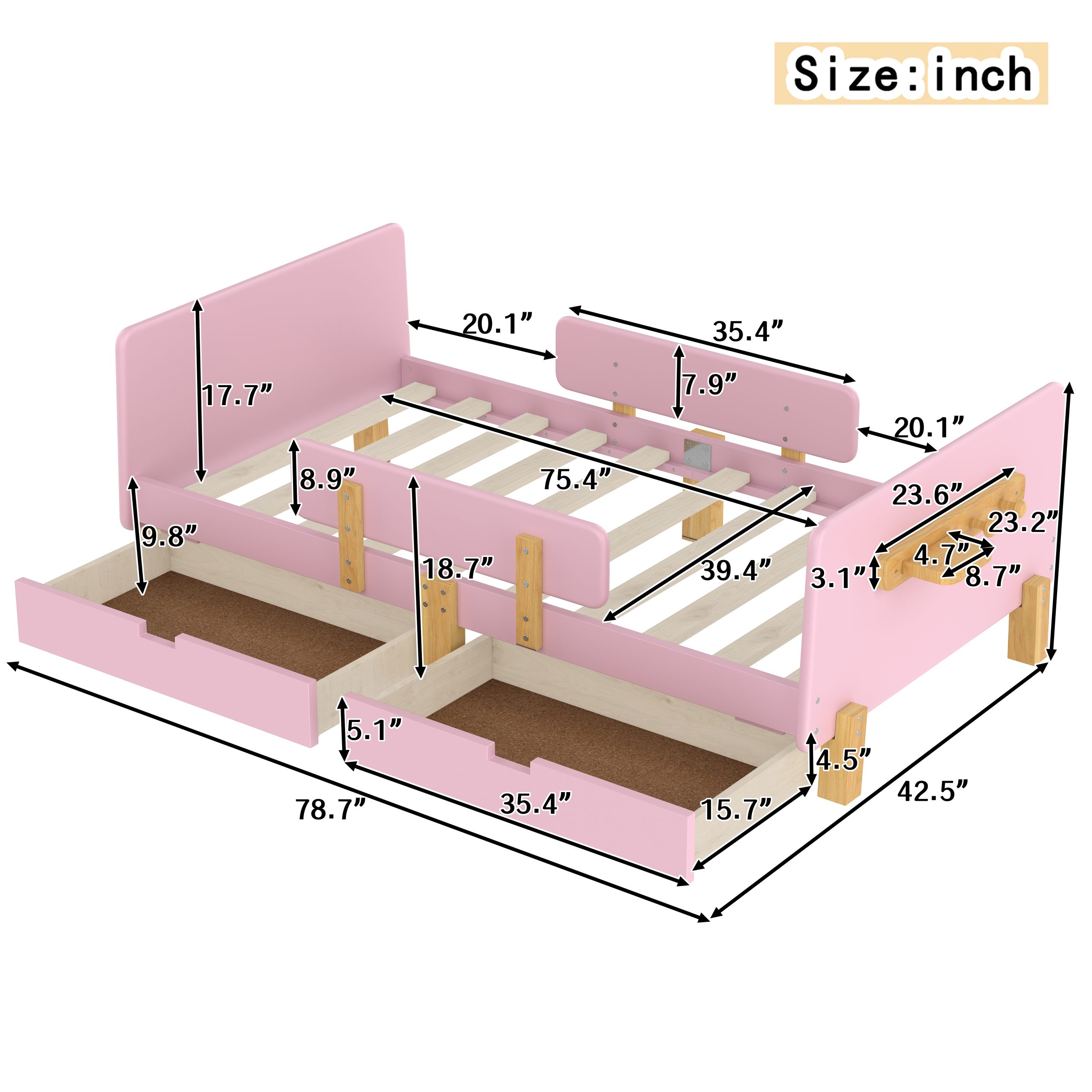 Twin Size Platform Bed with Storage Drawers, Solid Wood Beds Frame with Bed Guardrail, Small Shelf, and Hooks, No Box Spring Needed, Pink - Image 4