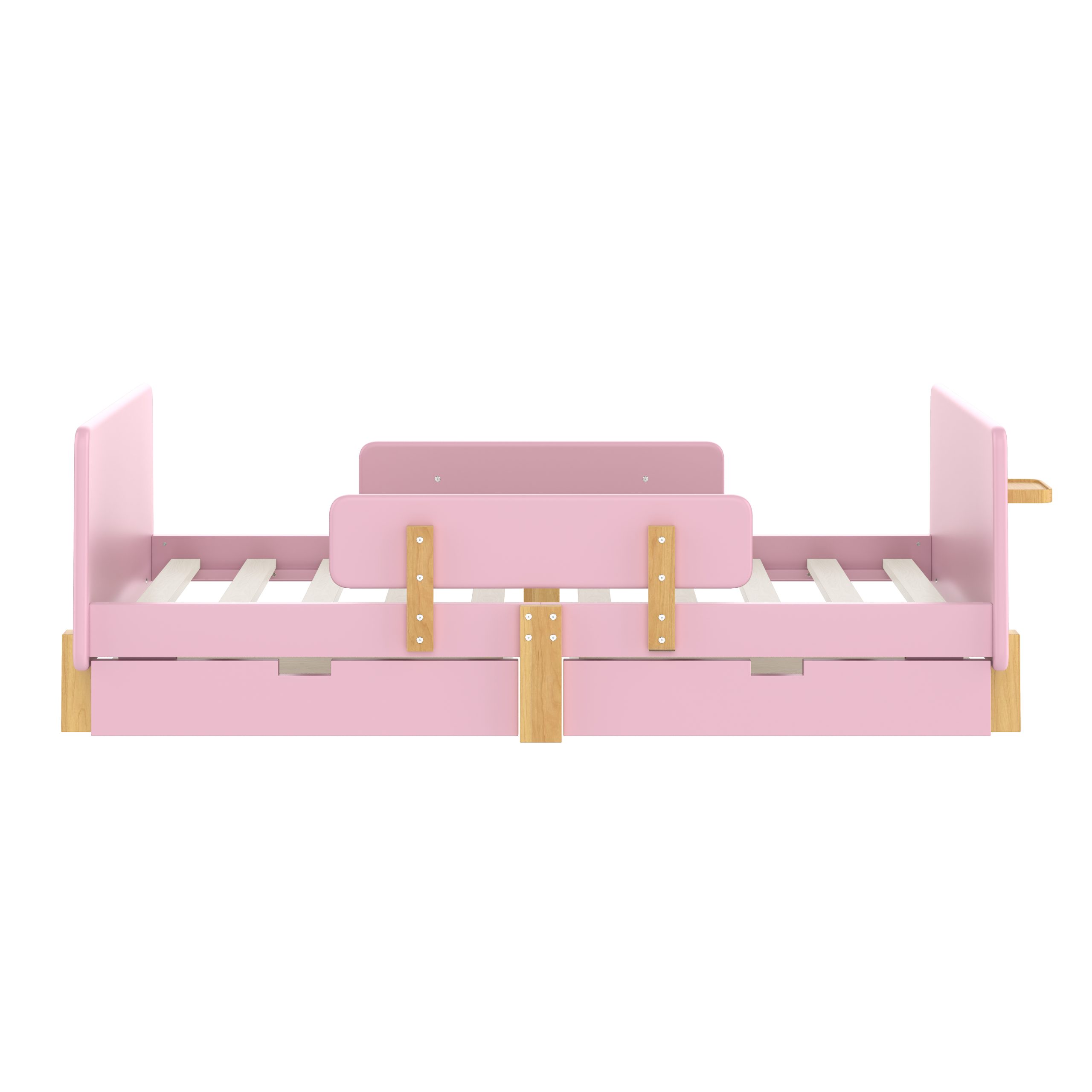 Twin Size Platform Bed with Storage Drawers, Solid Wood Beds Frame with Bed Guardrail, Small Shelf, and Hooks, No Box Spring Needed, Pink - Image 5