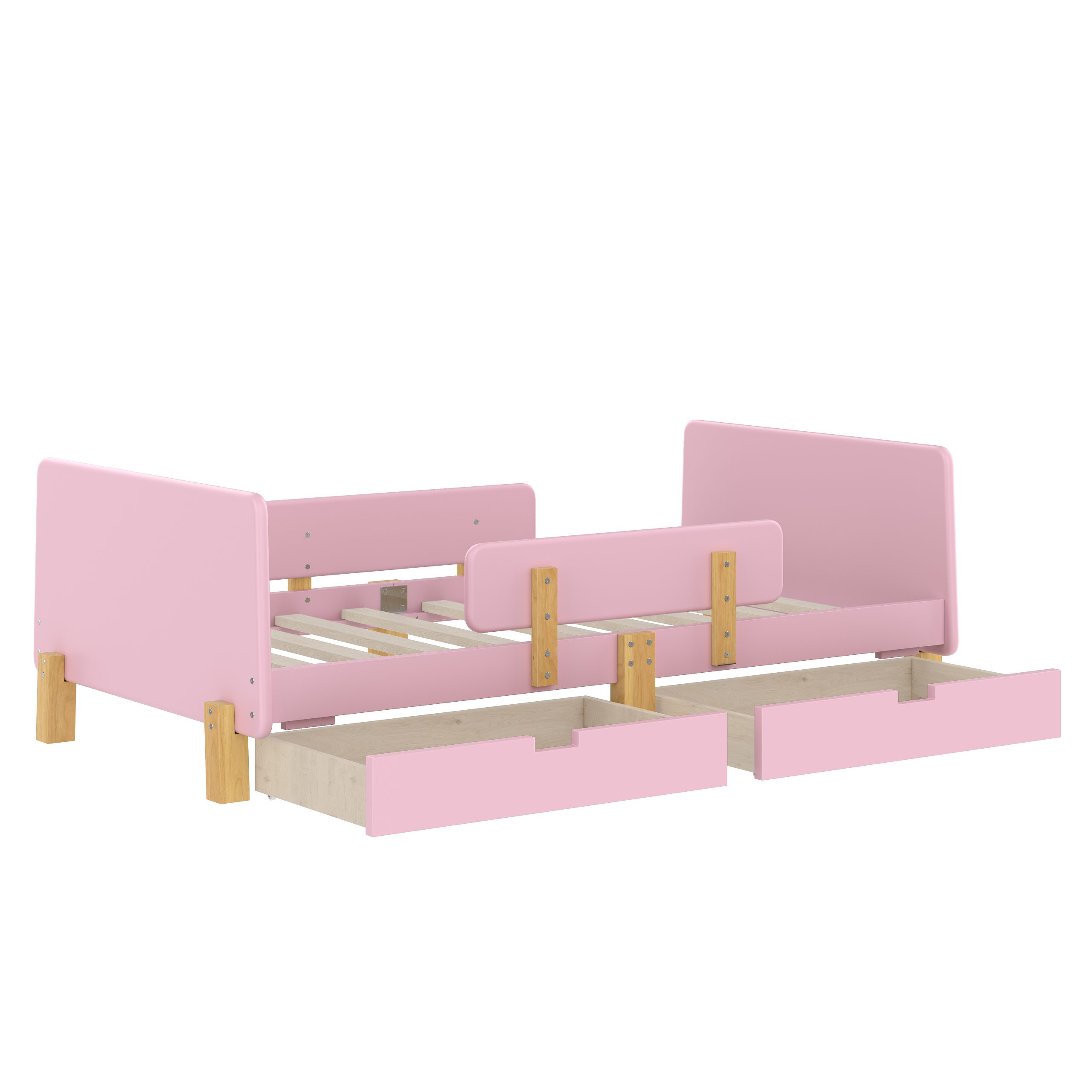 Twin Size Platform Bed with Storage Drawers, Solid Wood Beds Frame with Bed Guardrail, Small Shelf, and Hooks, No Box Spring Needed, Pink - Image 6