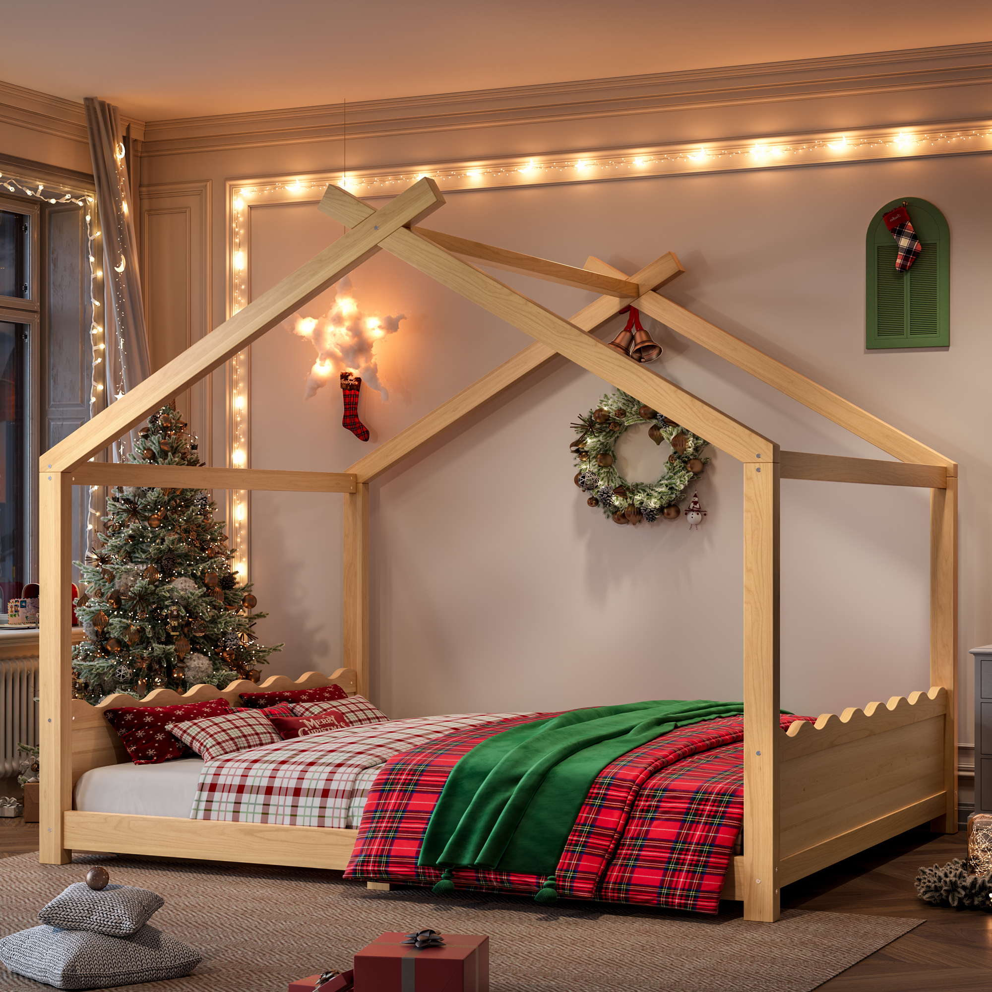 Queen House Floor Bed with Support Slats, Solid Wood House Bed Frame for Kids, No Box Spring Needed and Opening Constructure, Natural - Image 1
