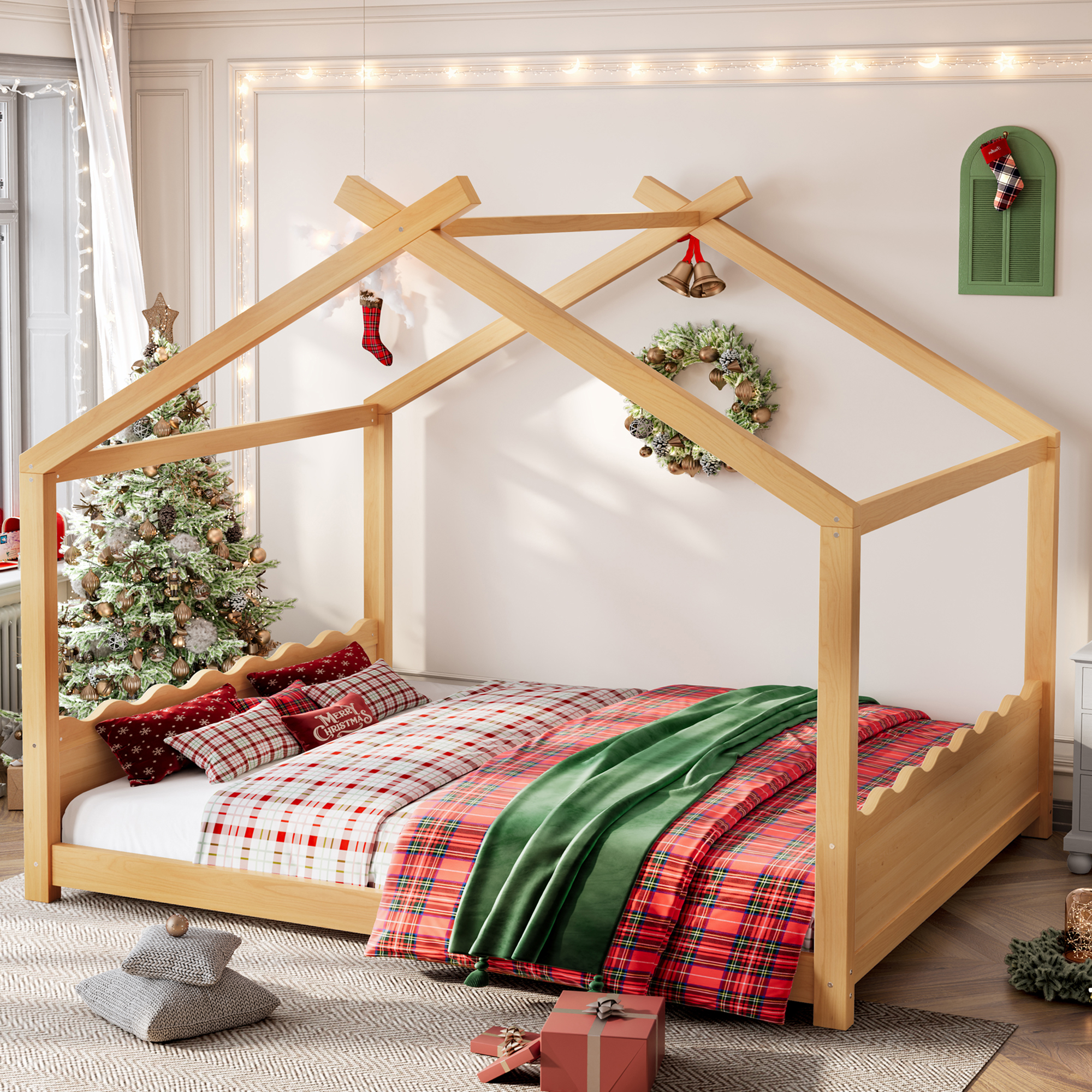 Queen House Floor Bed with Support Slats, Solid Wood House Bed Frame for Kids, No Box Spring Needed and Opening Constructure, Natural - Image 2