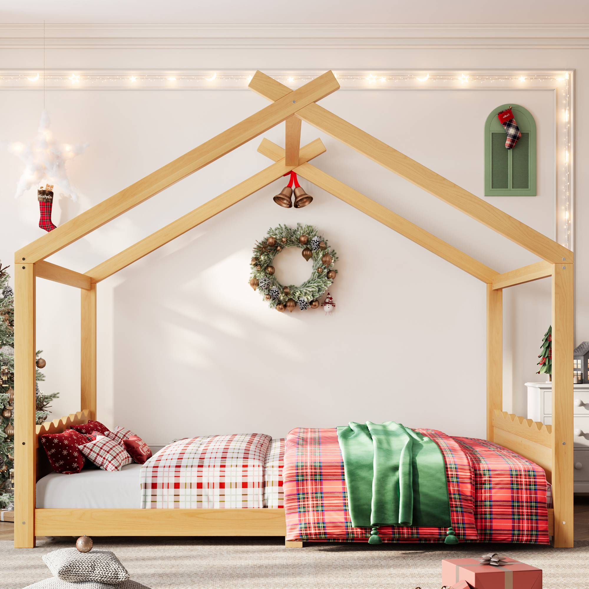 Queen House Floor Bed with Support Slats, Solid Wood House Bed Frame for Kids, No Box Spring Needed and Opening Constructure, Natural - Image 3