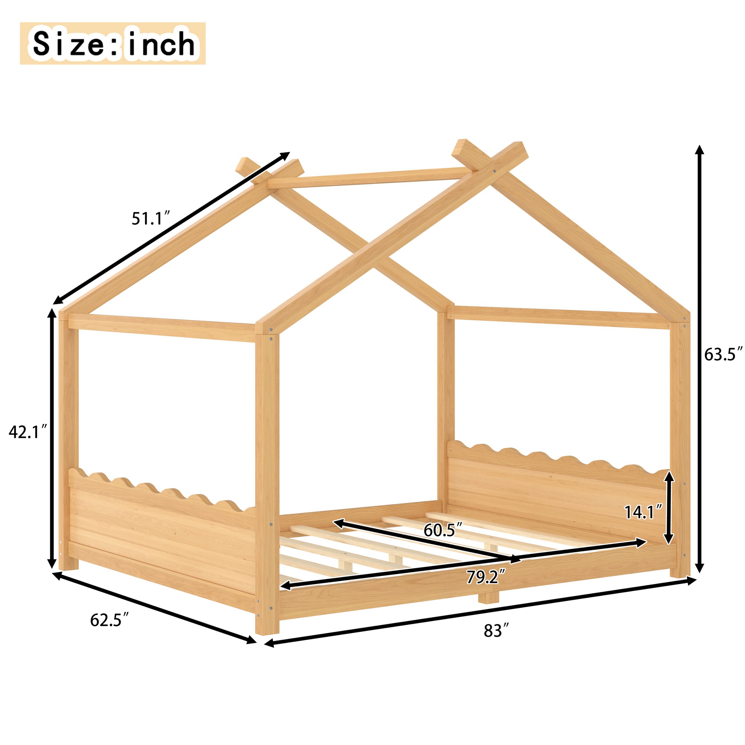 Queen House Floor Bed with Support Slats, Solid Wood House Bed Frame for Kids, No Box Spring Needed and Opening Constructure, Natural - Image 4