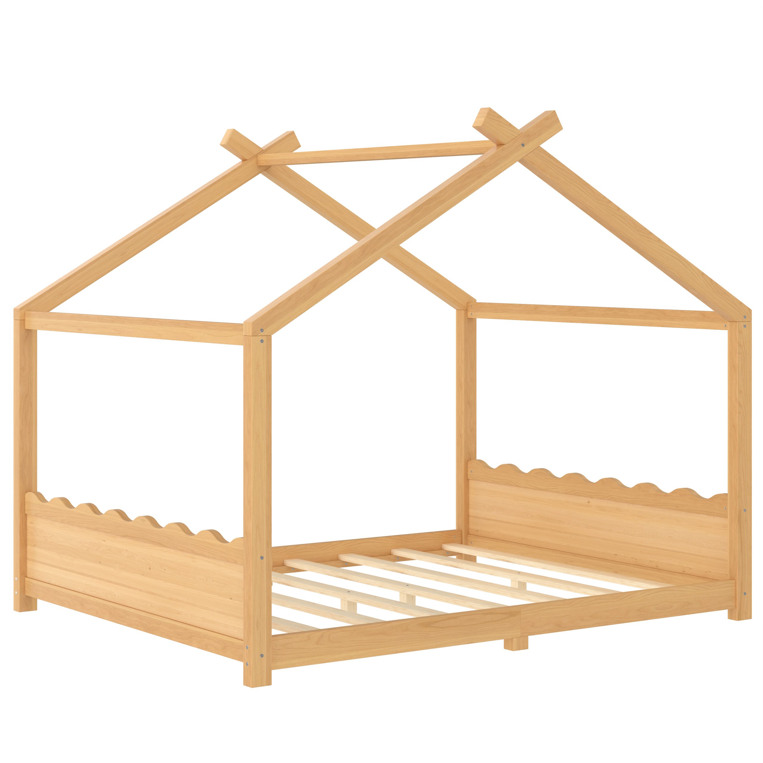 Queen House Floor Bed with Support Slats, Solid Wood House Bed Frame for Kids, No Box Spring Needed and Opening Constructure, Natural - Image 5