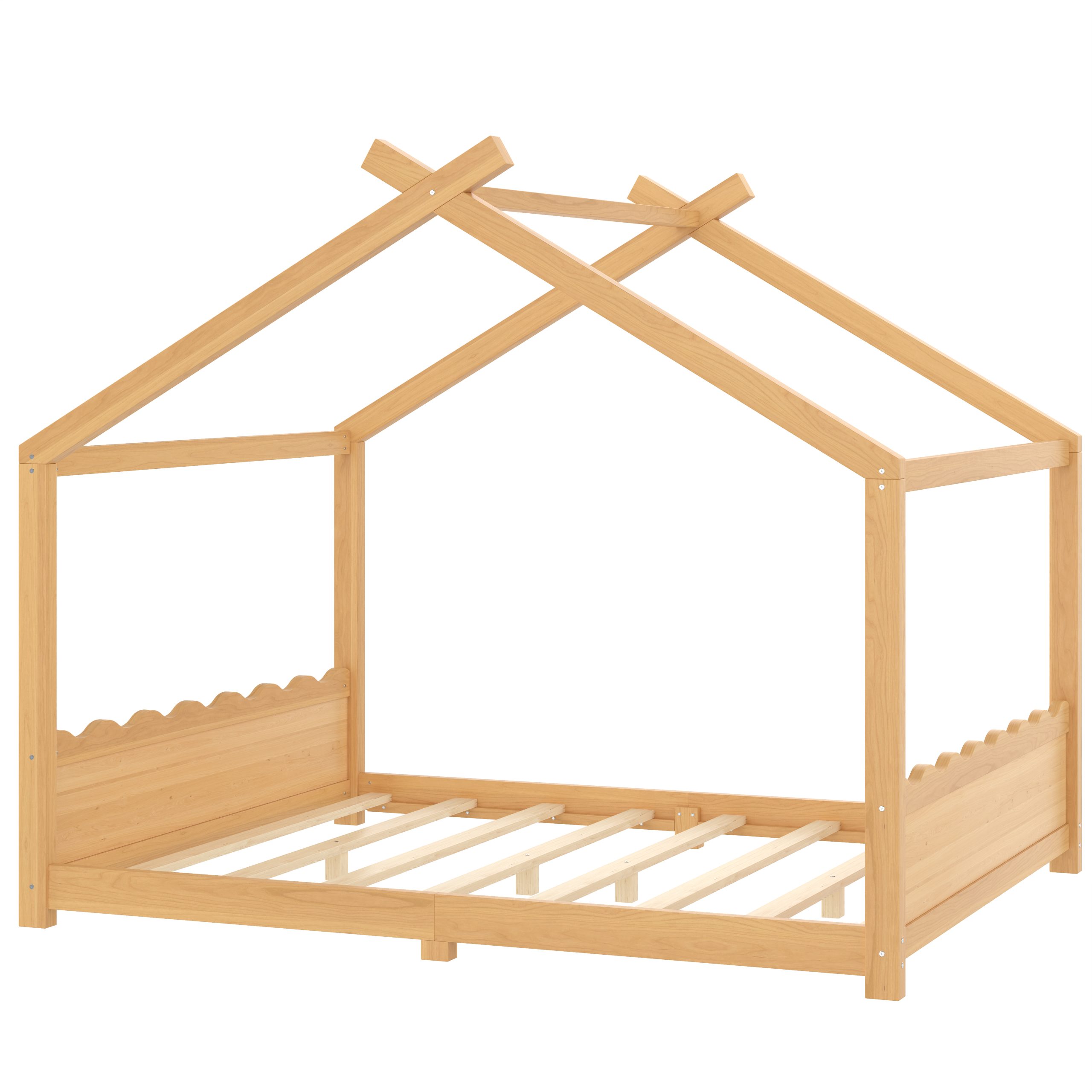 Queen House Floor Bed with Support Slats, Solid Wood House Bed Frame for Kids, No Box Spring Needed and Opening Constructure, Natural - Image 6