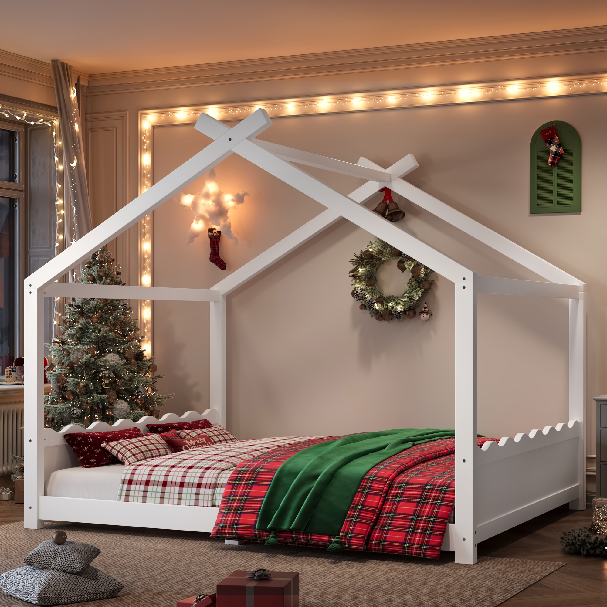 Queen House Floor Bed with Support Slats, Solid Wood House Bed Frame for Kids, No Box Spring Needed and Opening Constructure, White - Image 1