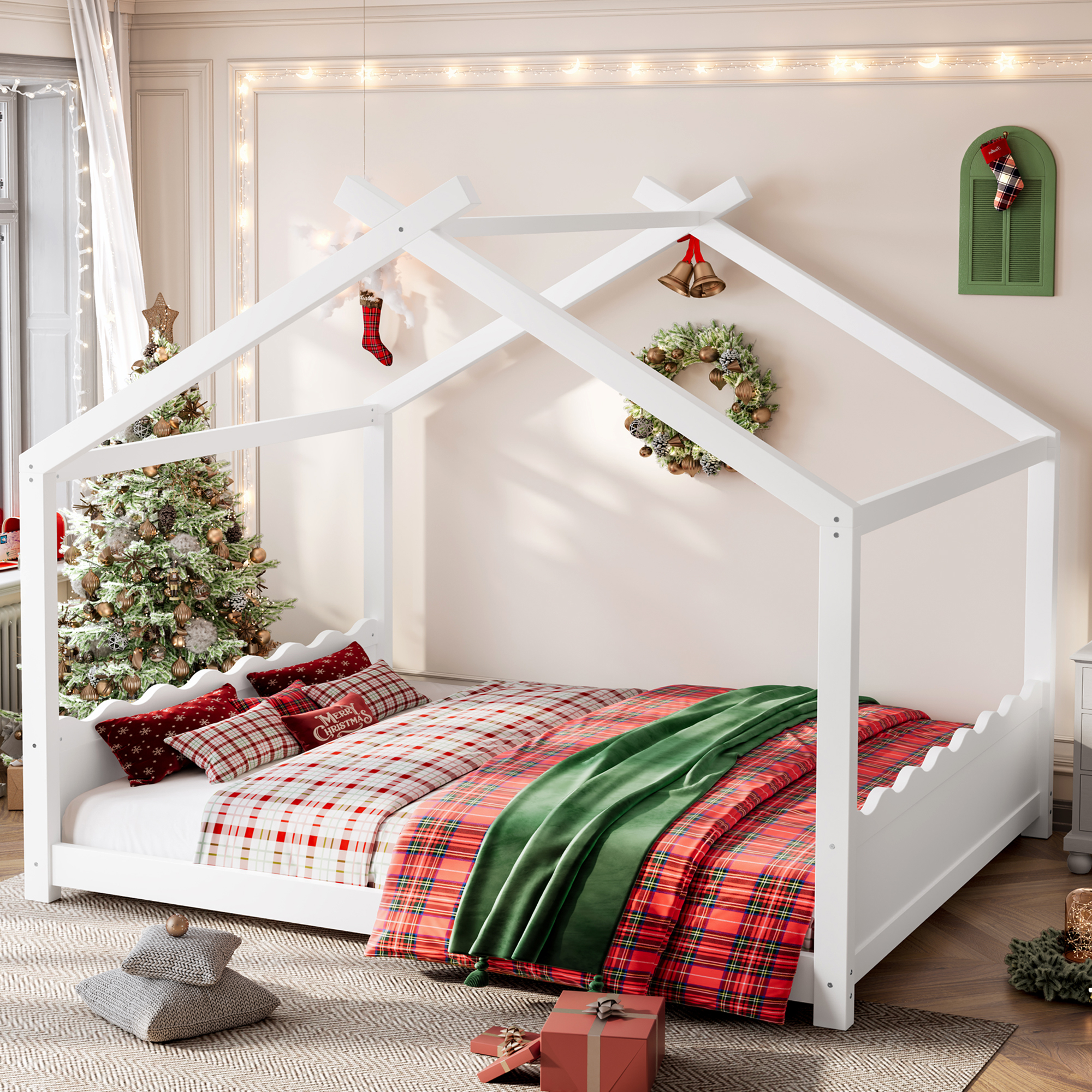 Queen House Floor Bed with Support Slats, Solid Wood House Bed Frame for Kids, No Box Spring Needed and Opening Constructure, White - Image 2