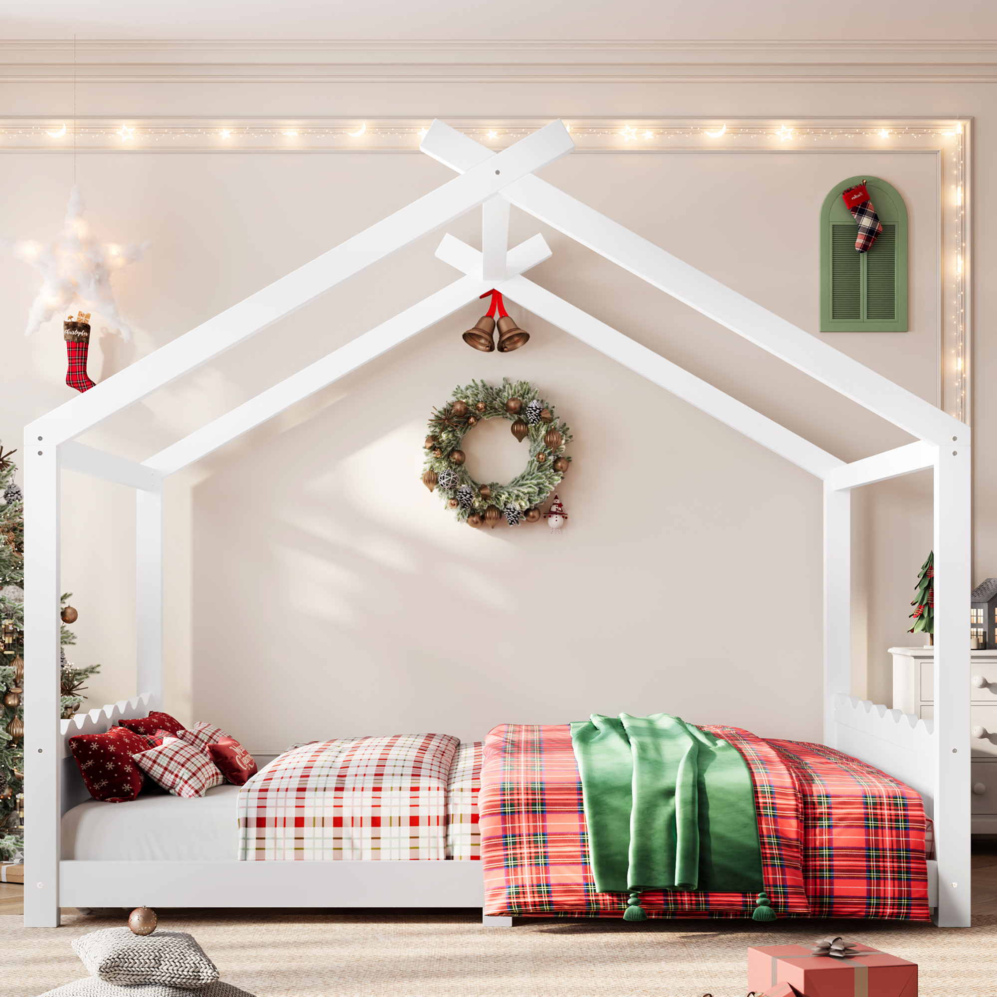 Queen House Floor Bed with Support Slats, Solid Wood House Bed Frame for Kids, No Box Spring Needed and Opening Constructure, White - Image 3