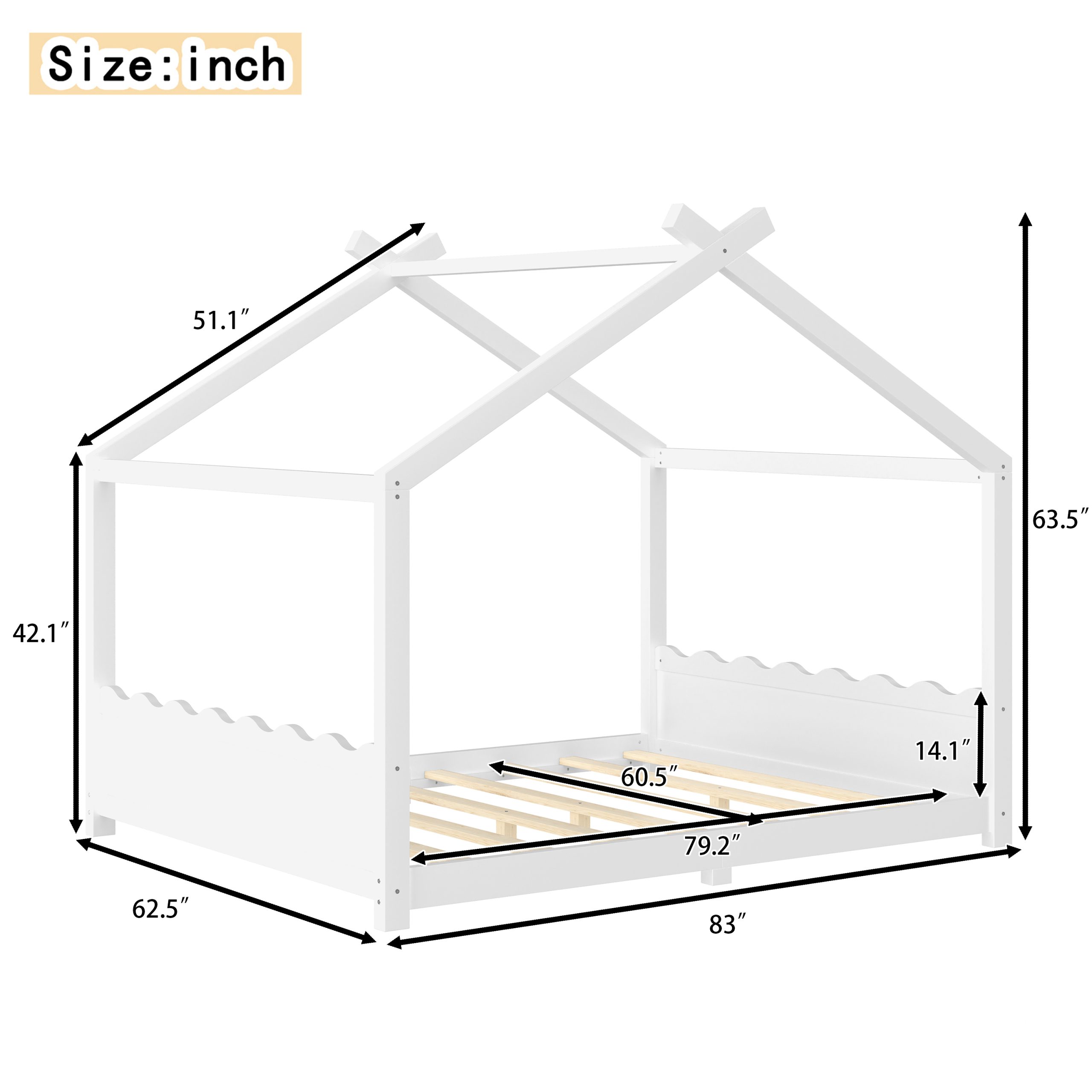 Queen House Floor Bed with Support Slats, Solid Wood House Bed Frame for Kids, No Box Spring Needed and Opening Constructure, White - Image 4