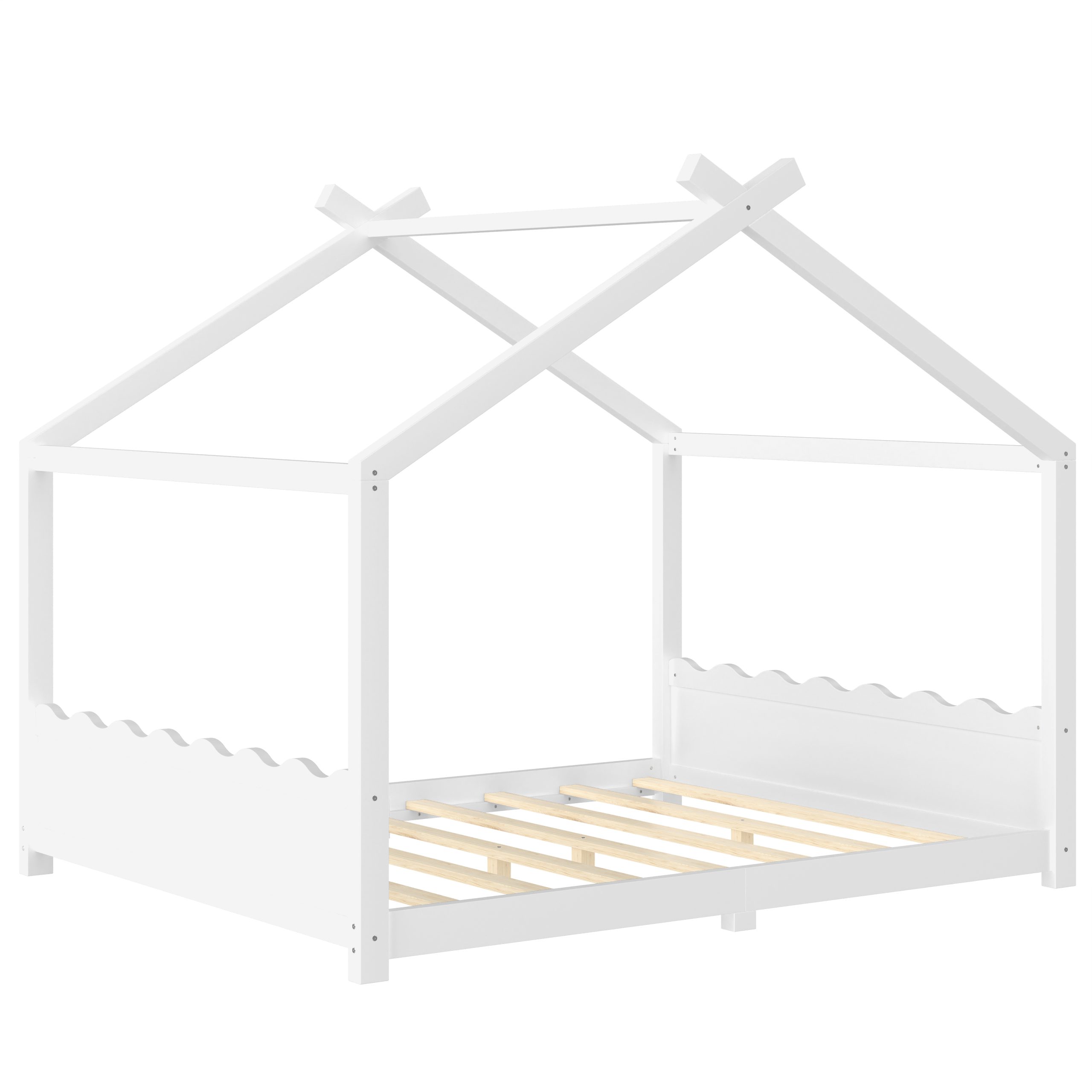 Queen House Floor Bed with Support Slats, Solid Wood House Bed Frame for Kids, No Box Spring Needed and Opening Constructure, White - Image 5