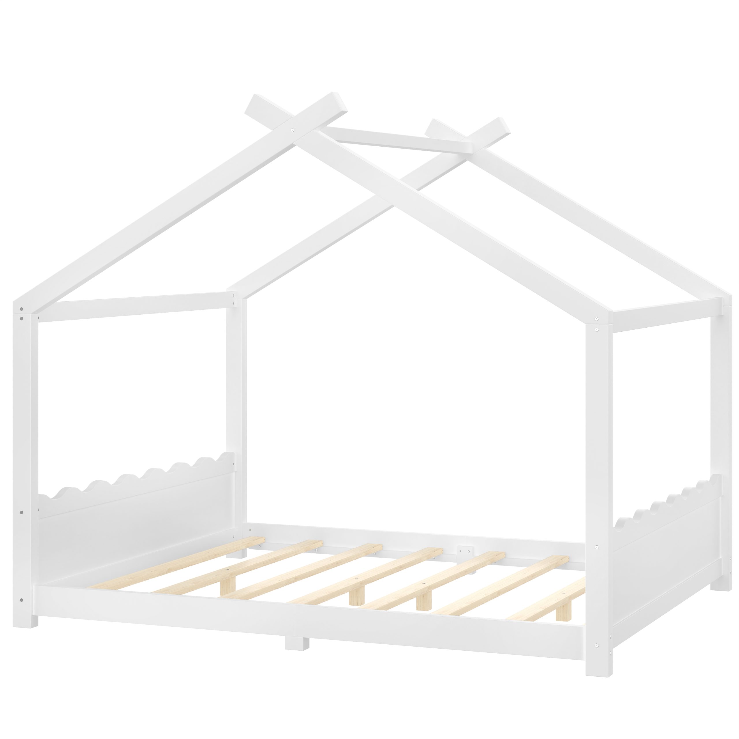 Queen House Floor Bed with Support Slats, Solid Wood House Bed Frame for Kids, No Box Spring Needed and Opening Constructure, White - Image 6