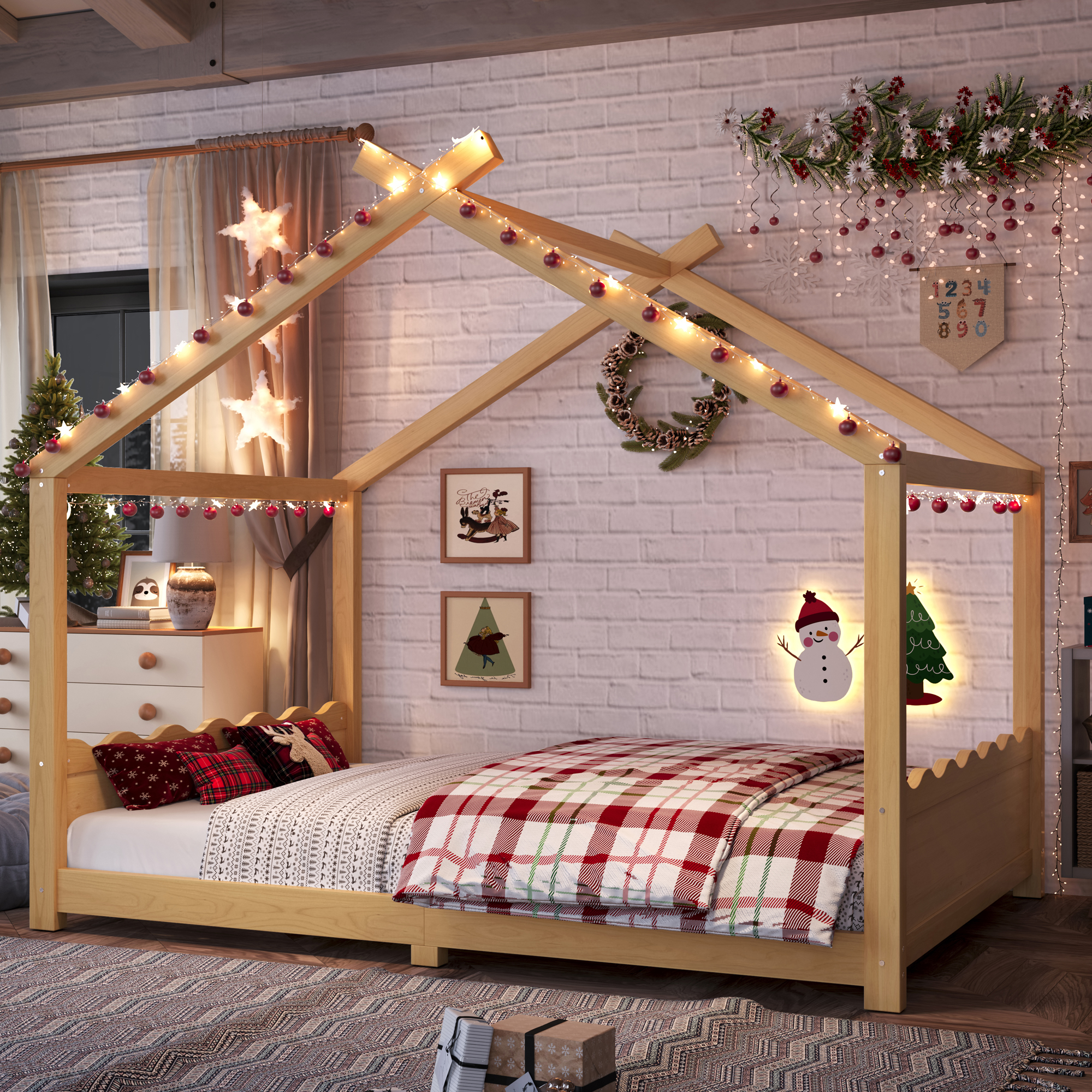 Full House Floor Bed with Support Slats, Solid Wood House Bed Frame for Kids, No Box Spring Needed and Opening Constructure, Natural - Image 2