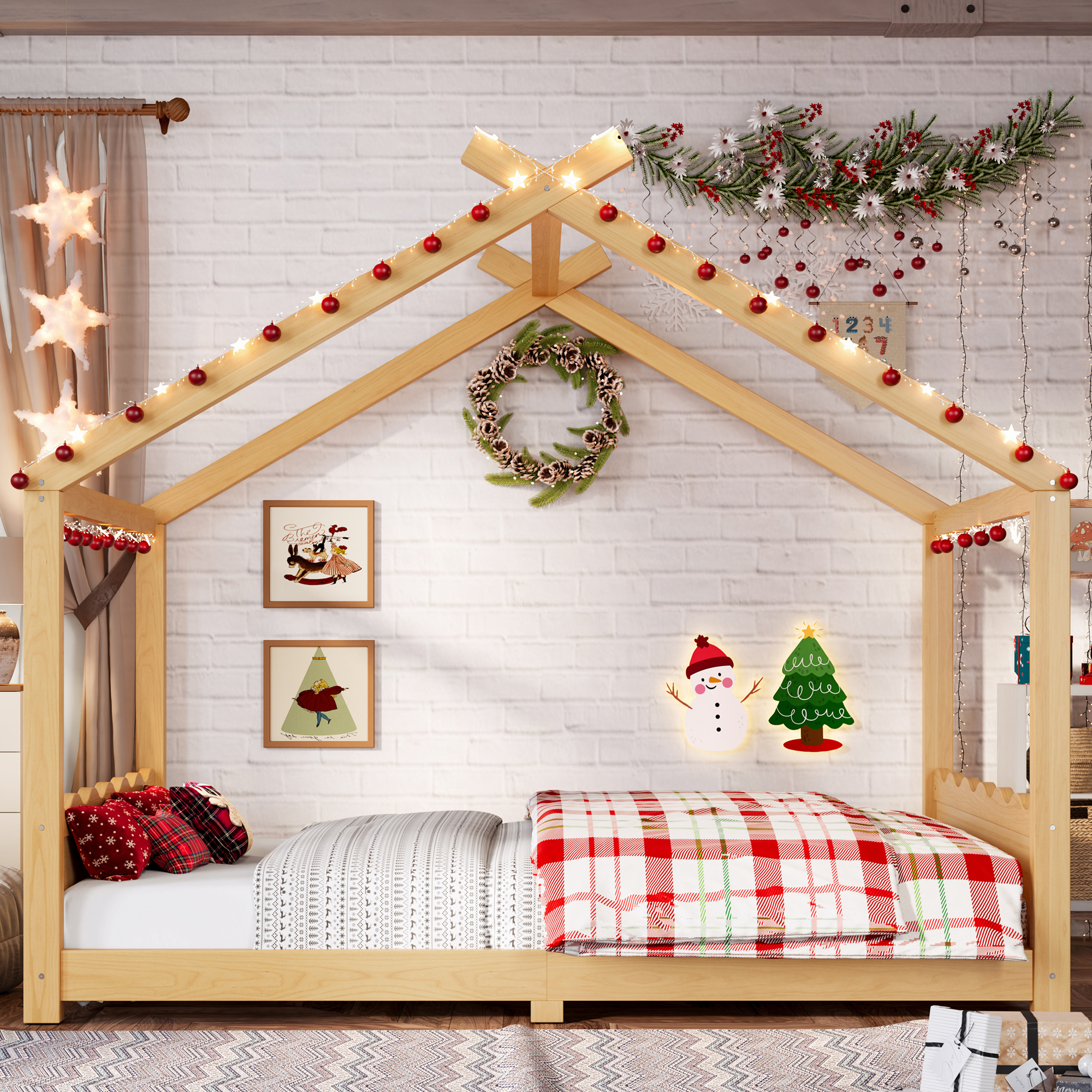 Full House Floor Bed with Support Slats, Solid Wood House Bed Frame for Kids, No Box Spring Needed and Opening Constructure, Natural - Image 3
