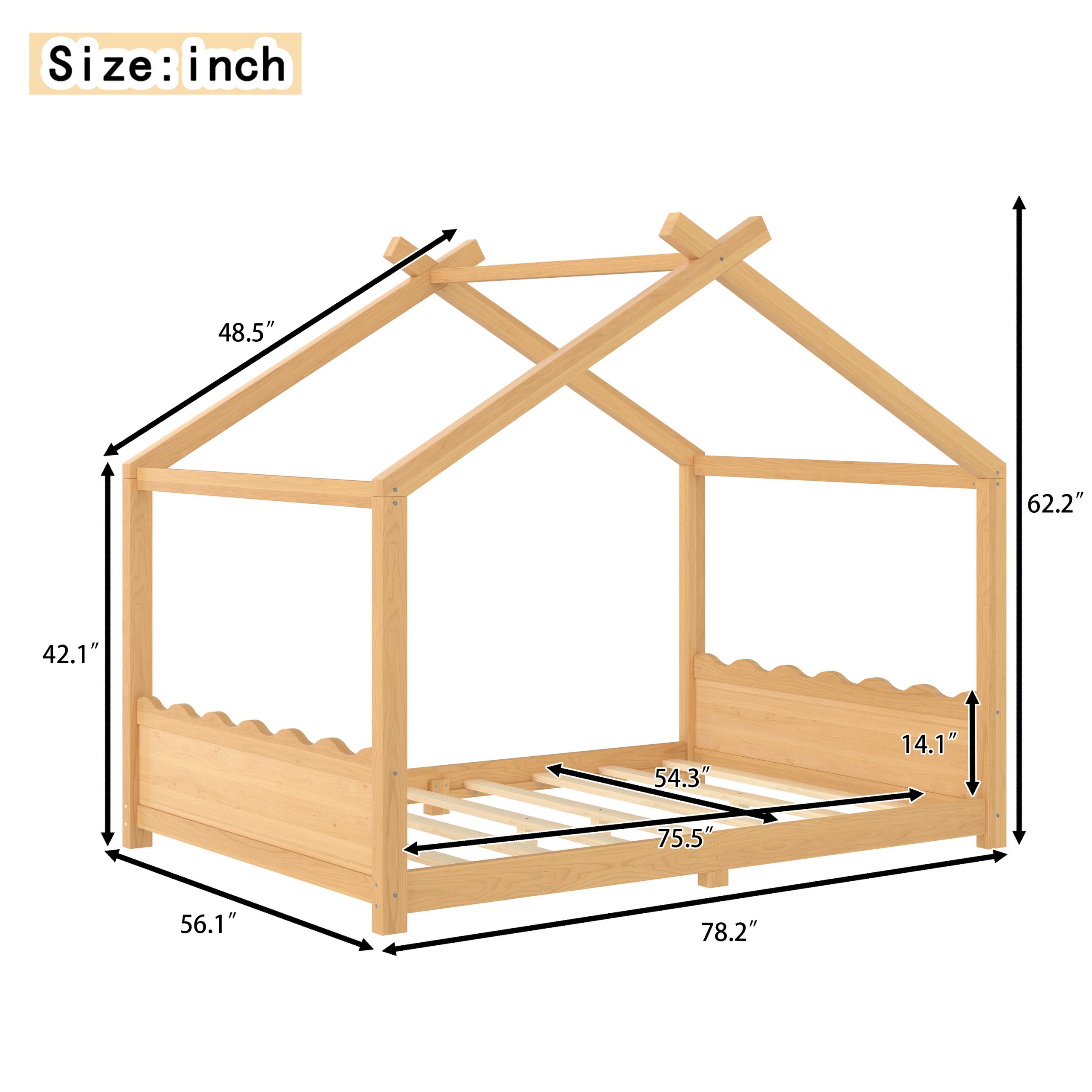 Full House Floor Bed with Support Slats, Solid Wood House Bed Frame for Kids, No Box Spring Needed and Opening Constructure, Natural - Image 4