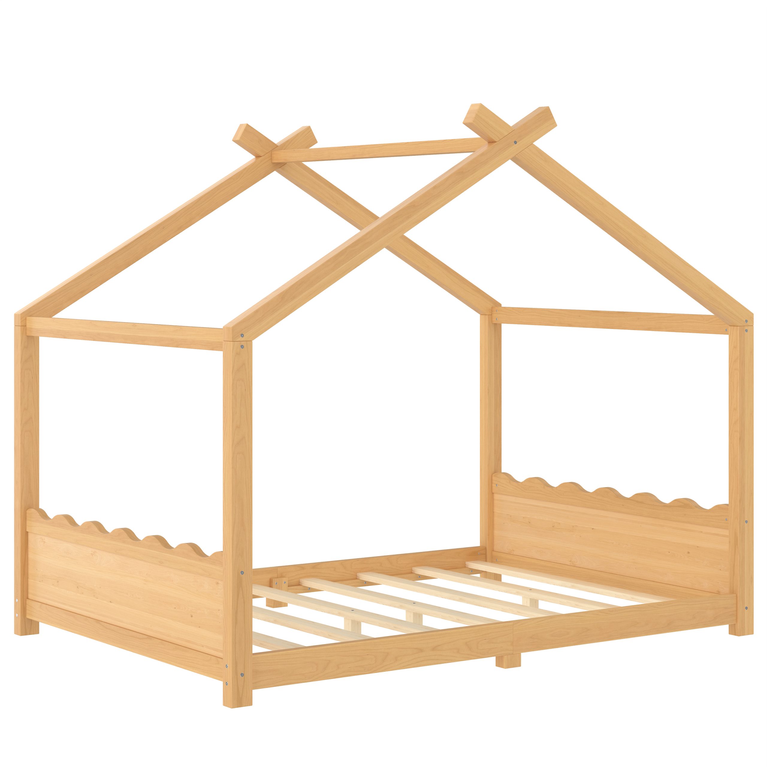 Full House Floor Bed with Support Slats, Solid Wood House Bed Frame for Kids, No Box Spring Needed and Opening Constructure, Natural - Image 5