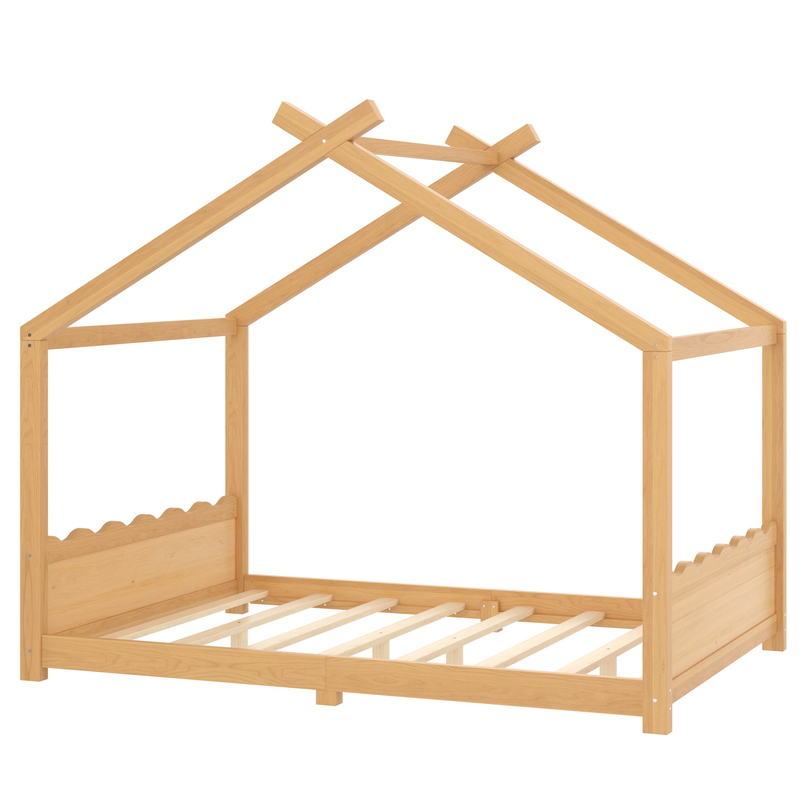 Full House Floor Bed with Support Slats, Solid Wood House Bed Frame for Kids, No Box Spring Needed and Opening Constructure, Natural - Image 6