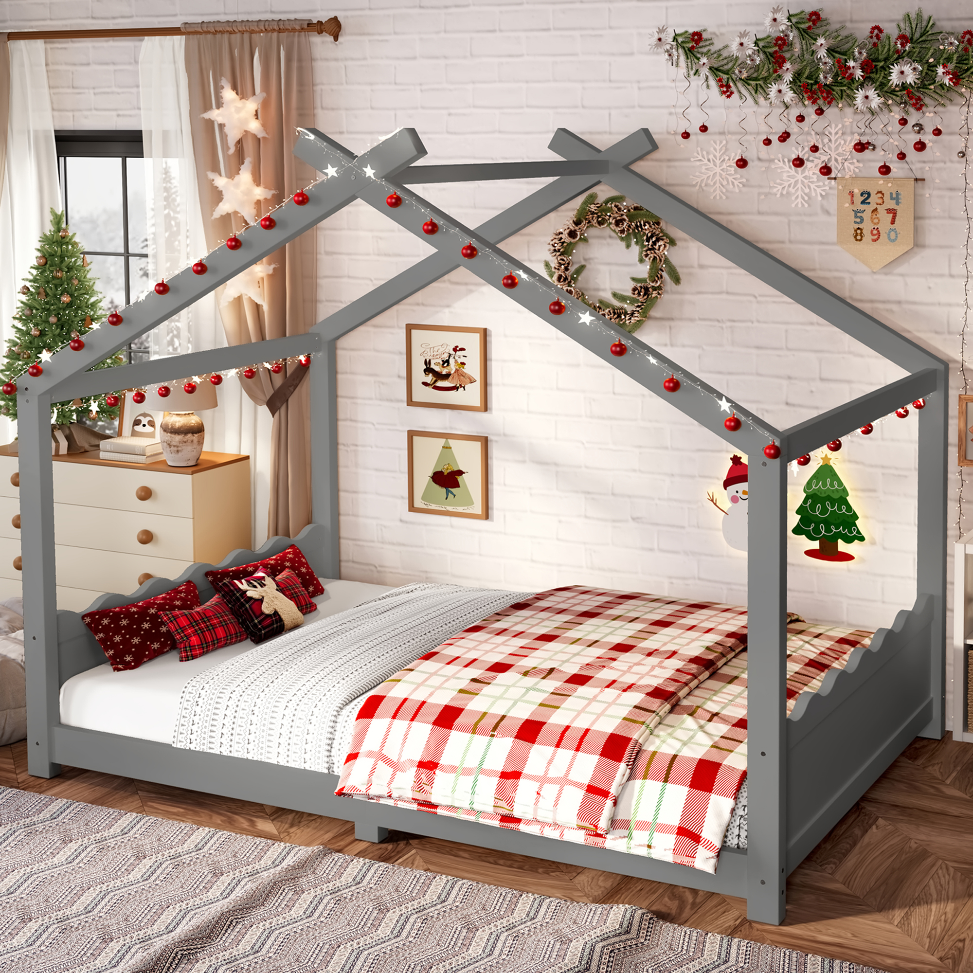 Full House Floor Bed with Support Slats, Solid Wood House Bed Frame for Kids, No Box Spring Needed and Opening Constructure, Gray - Image 2
