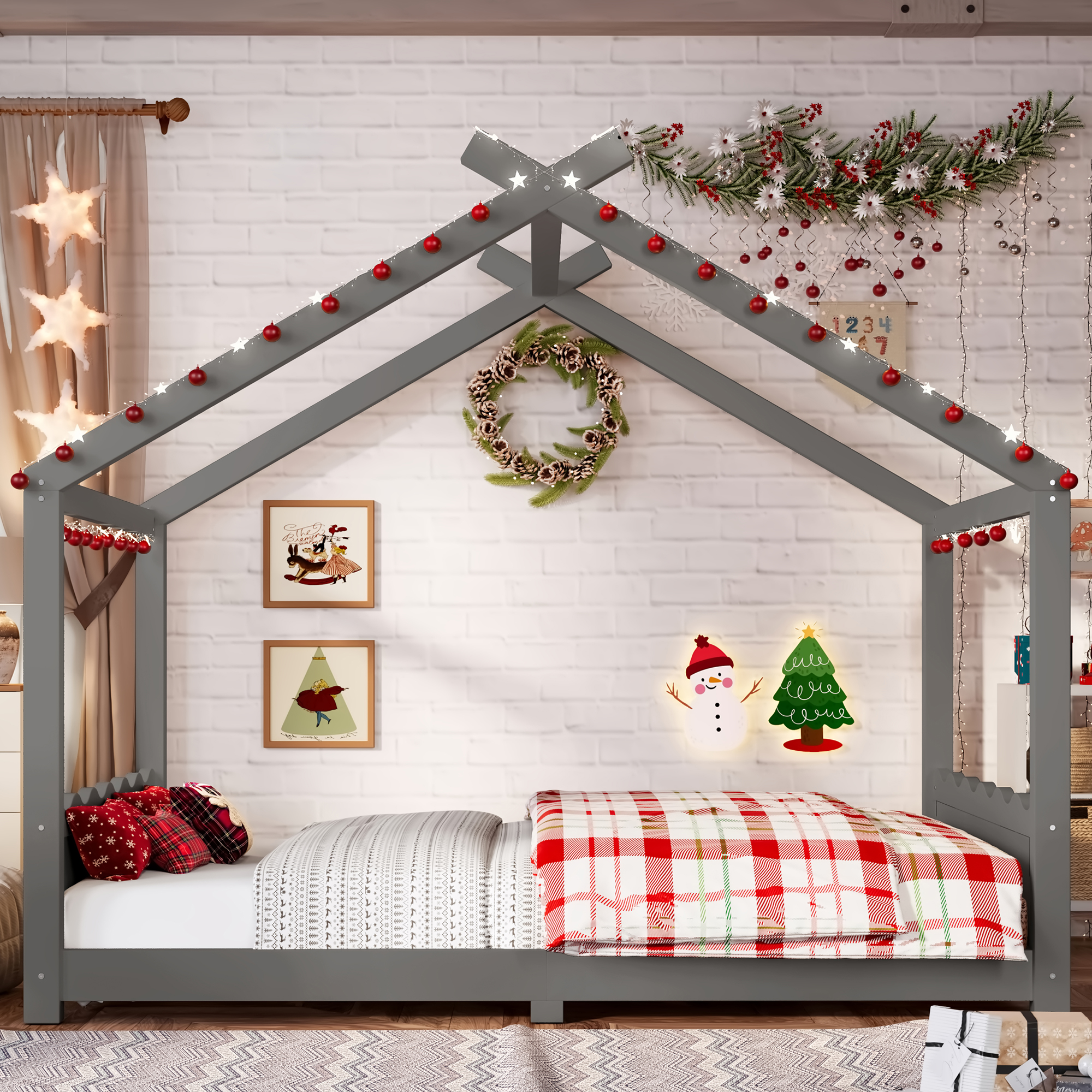 Full House Floor Bed with Support Slats, Solid Wood House Bed Frame for Kids, No Box Spring Needed and Opening Constructure, Gray - Image 3