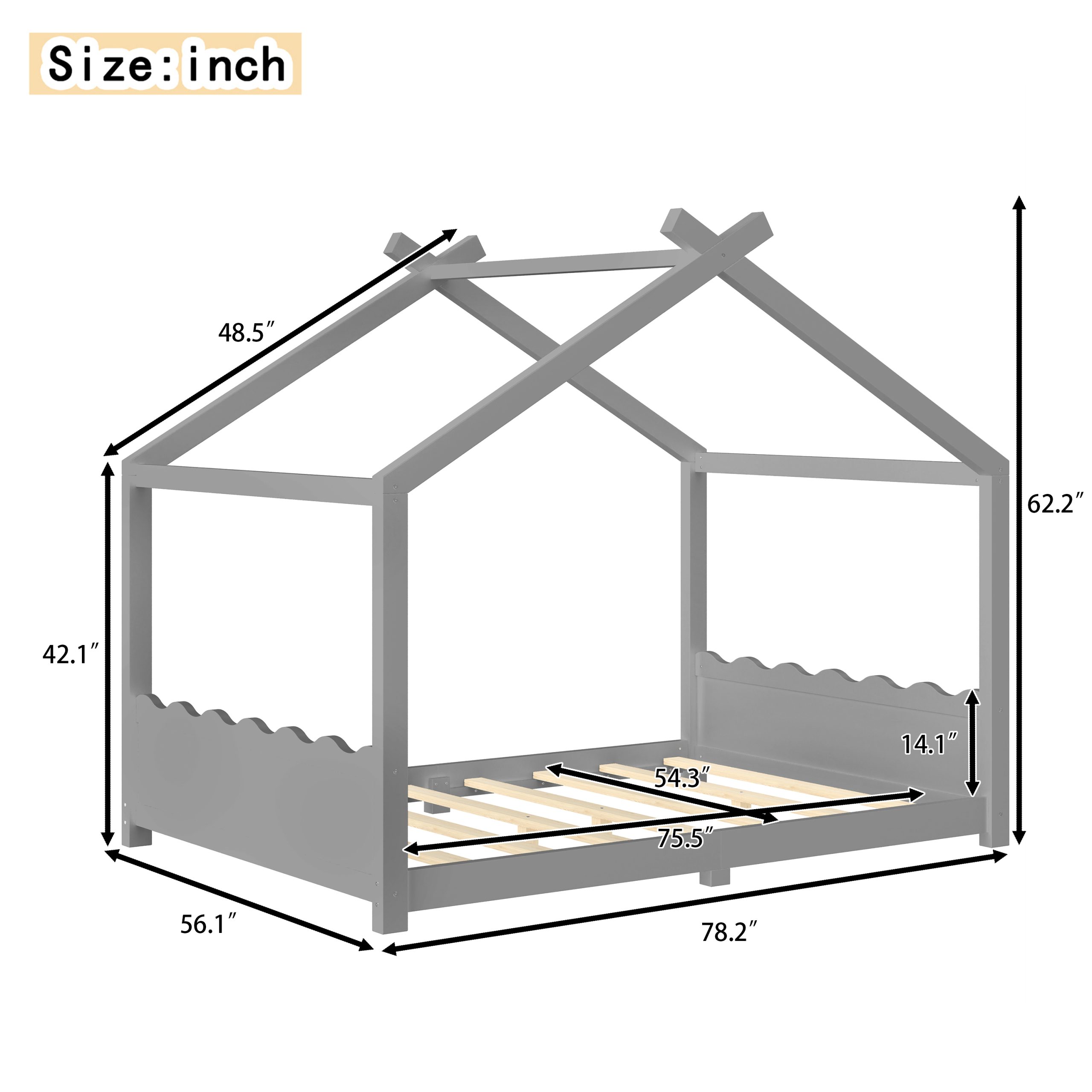 Full House Floor Bed with Support Slats, Solid Wood House Bed Frame for Kids, No Box Spring Needed and Opening Constructure, Gray - Image 4