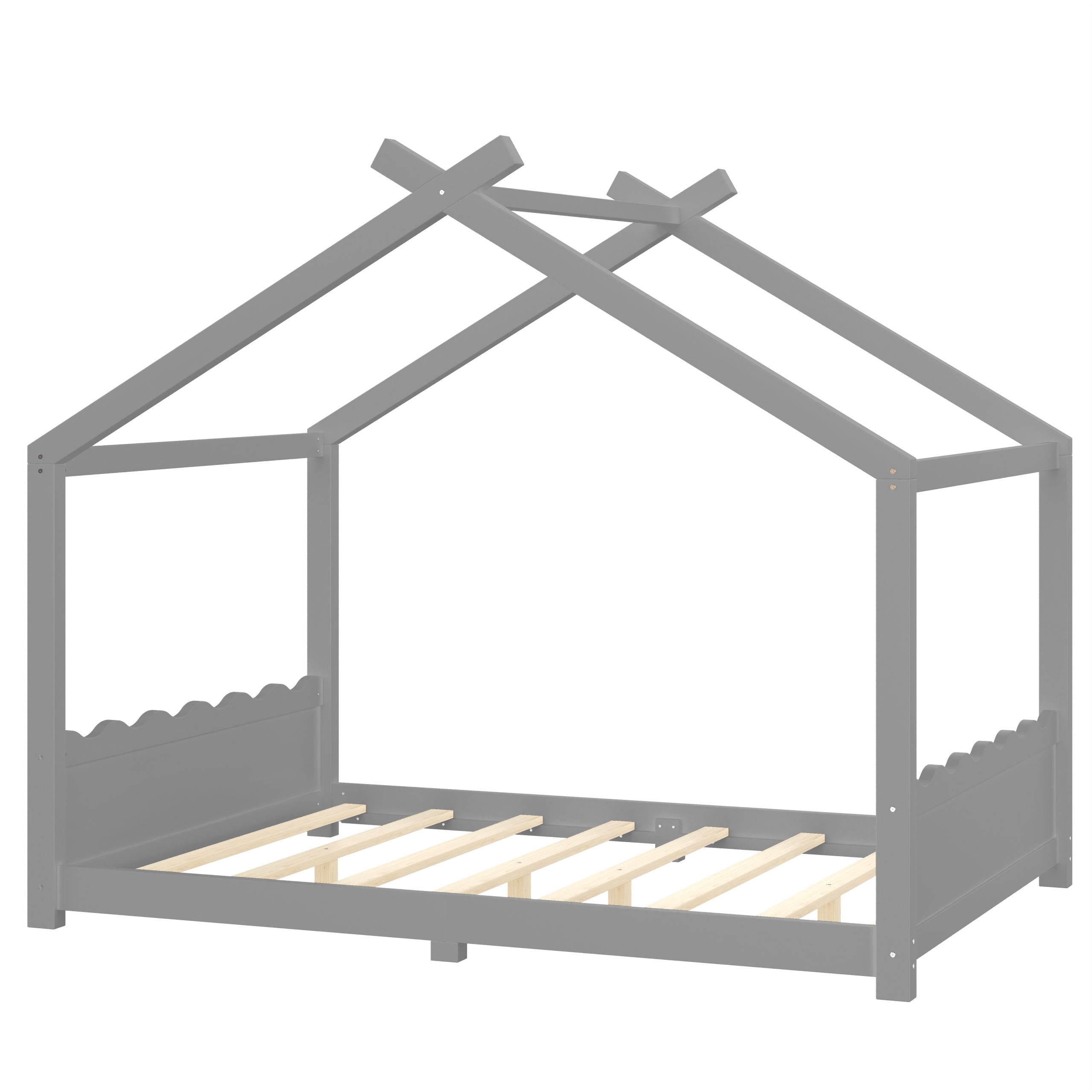 Full House Floor Bed with Support Slats, Solid Wood House Bed Frame for Kids, No Box Spring Needed and Opening Constructure, Gray - Image 5
