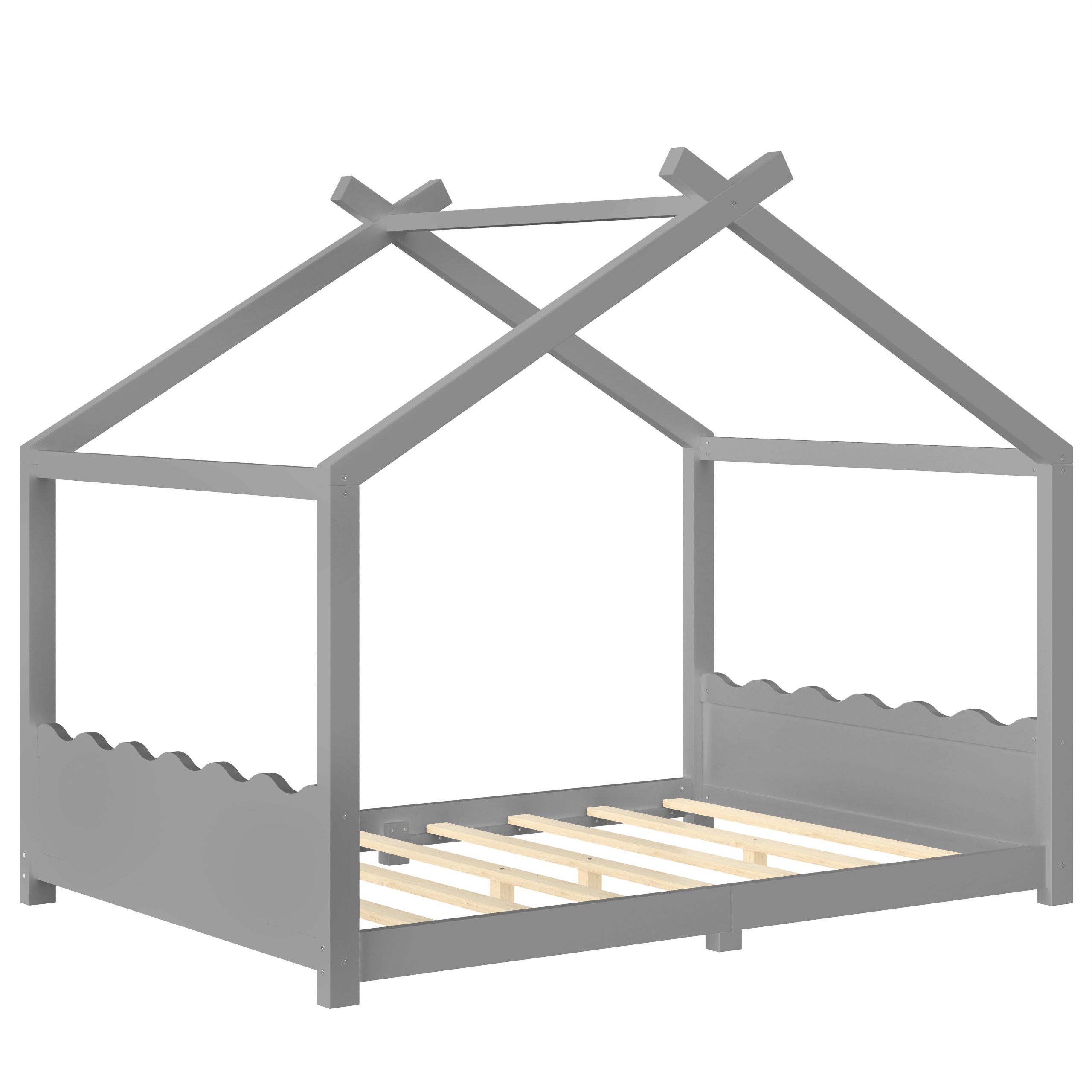 Full House Floor Bed with Support Slats, Solid Wood House Bed Frame for Kids, No Box Spring Needed and Opening Constructure, Gray - Image 6