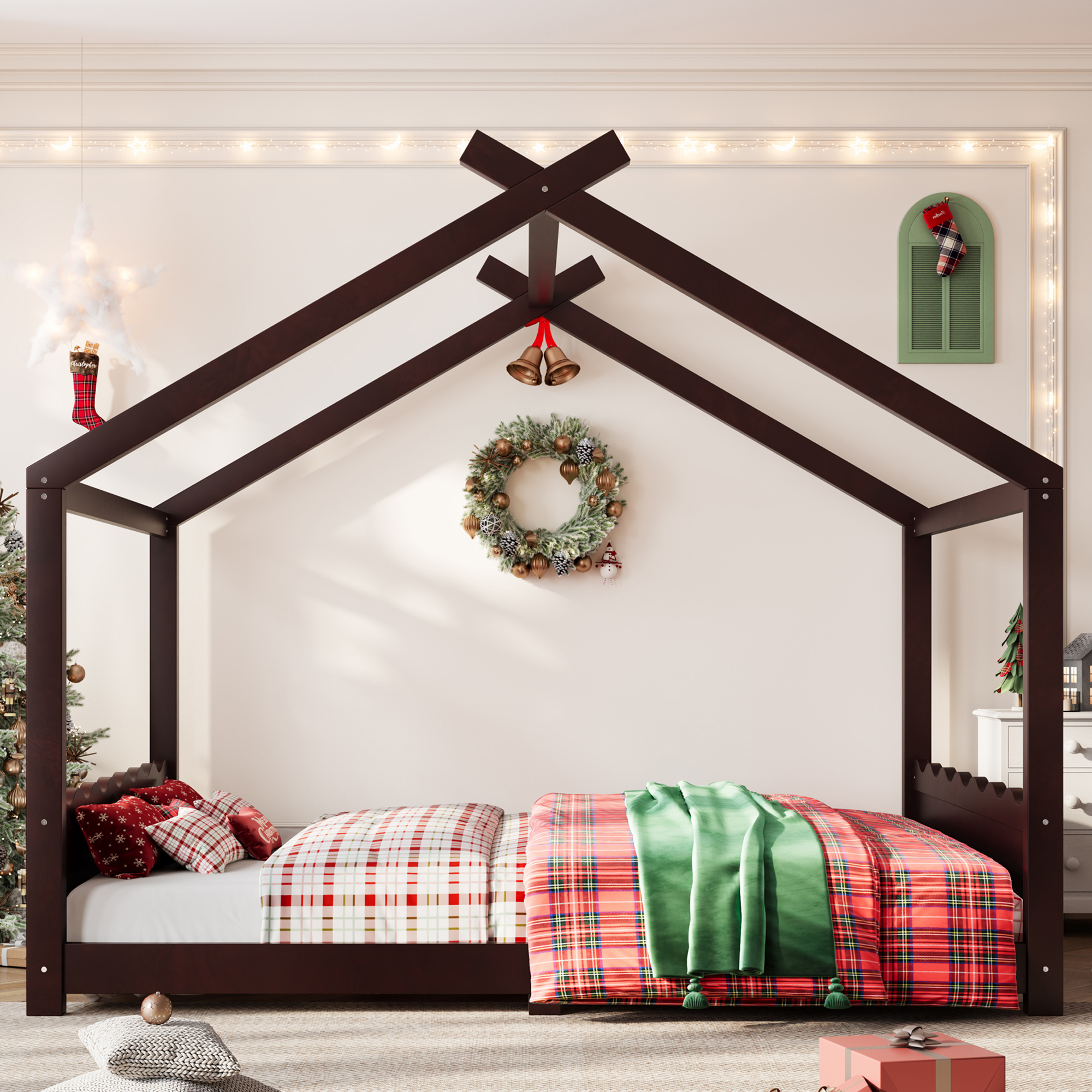 Queen House Floor Bed with Support Slats, Solid Wood House Bed Frame for Kids, No Box Spring Needed and Opening Constructure, Espresso - Image 3