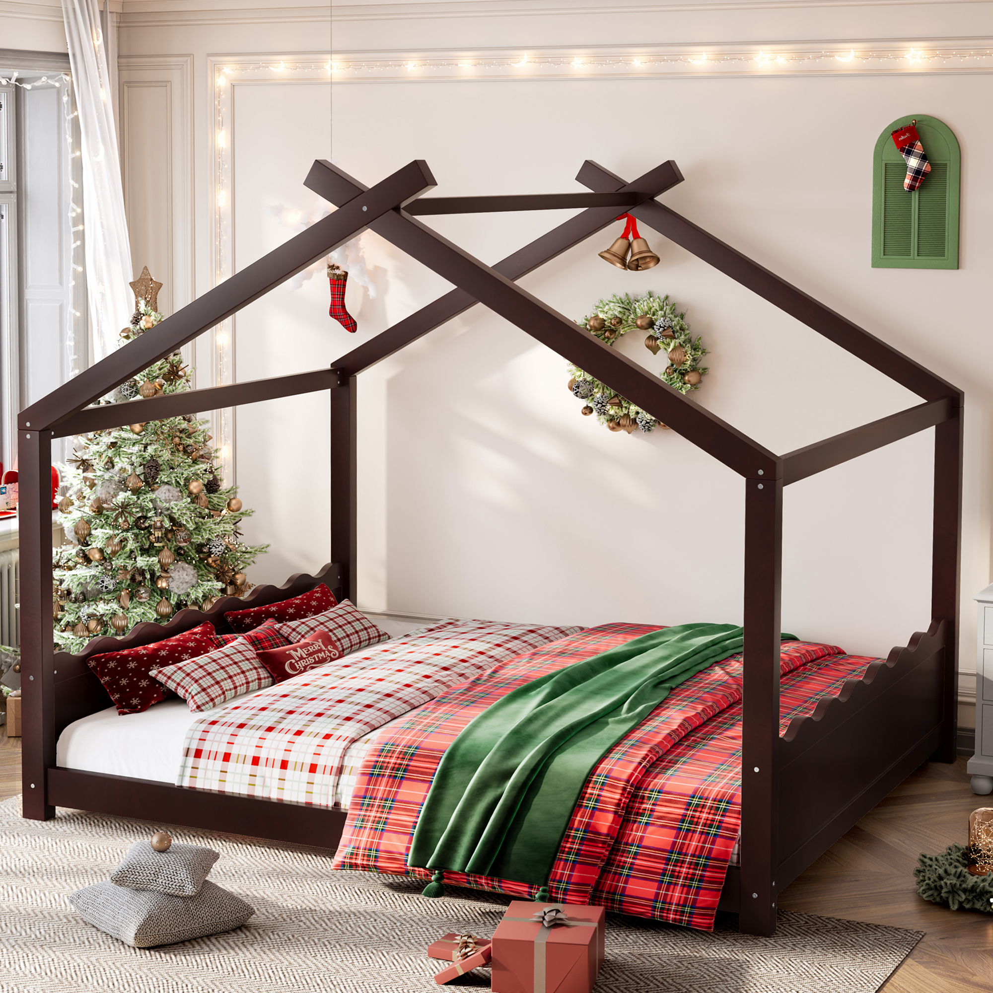 Queen House Floor Bed with Support Slats, Solid Wood House Bed Frame for Kids, No Box Spring Needed and Opening Constructure, Espresso - Image 2