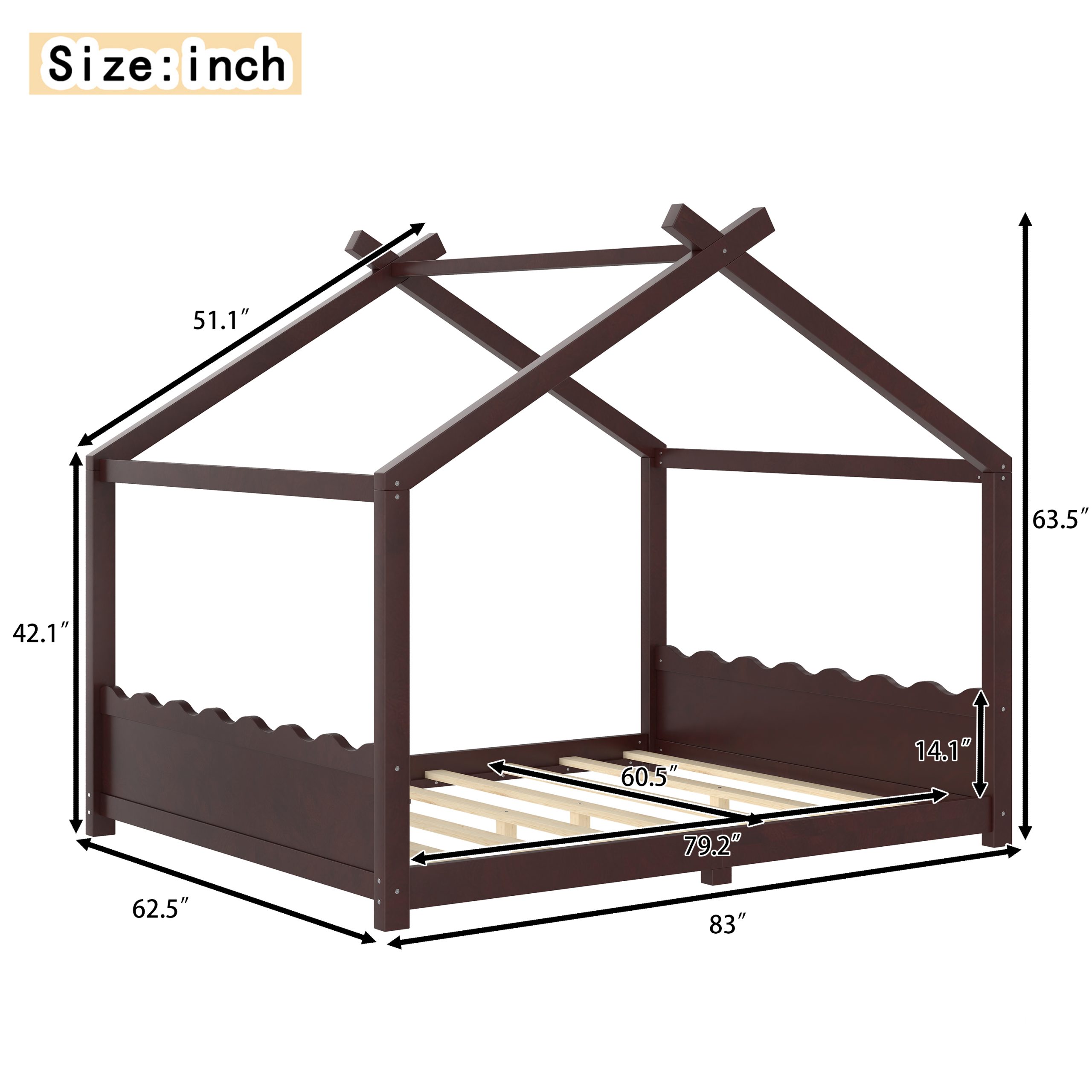 Queen House Floor Bed with Support Slats, Solid Wood House Bed Frame for Kids, No Box Spring Needed and Opening Constructure, Espresso - Image 4
