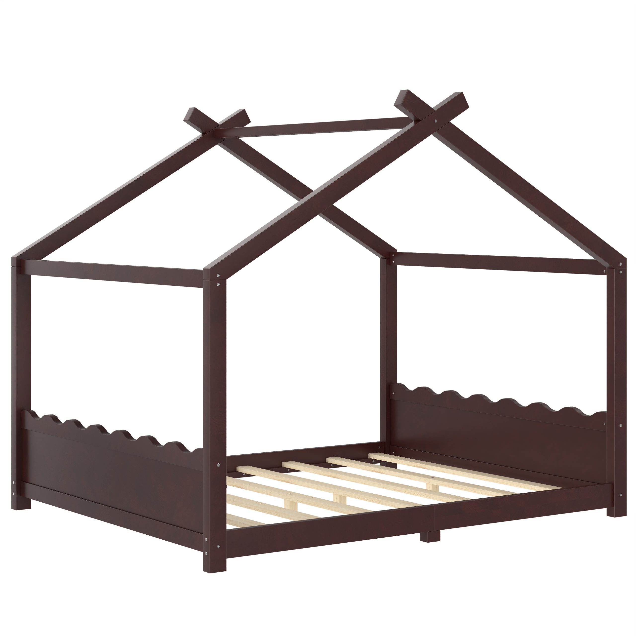 Queen House Floor Bed with Support Slats, Solid Wood House Bed Frame for Kids, No Box Spring Needed and Opening Constructure, Espresso - Image 5