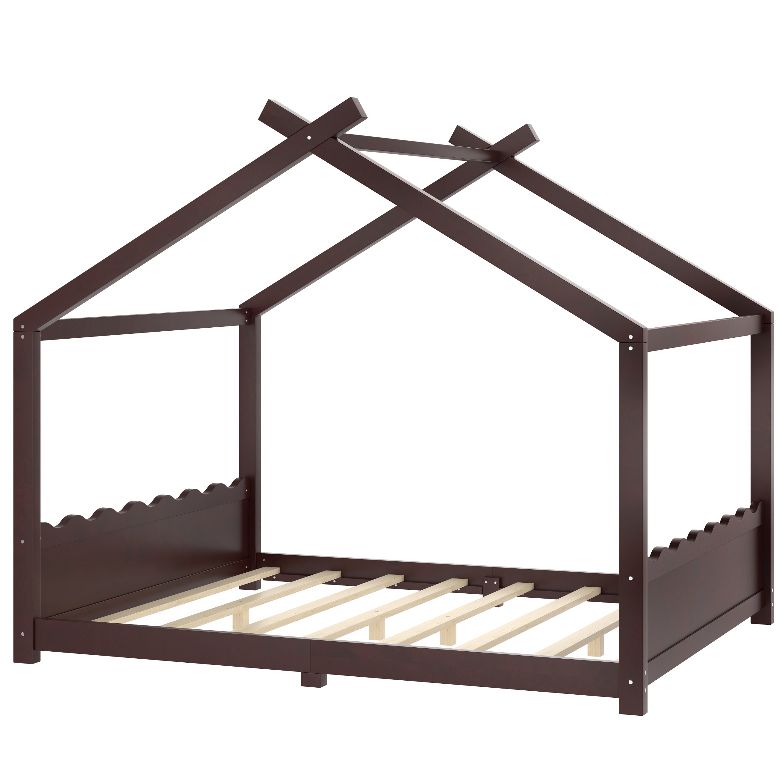 Queen House Floor Bed with Support Slats, Solid Wood House Bed Frame for Kids, No Box Spring Needed and Opening Constructure, Espresso - Image 6