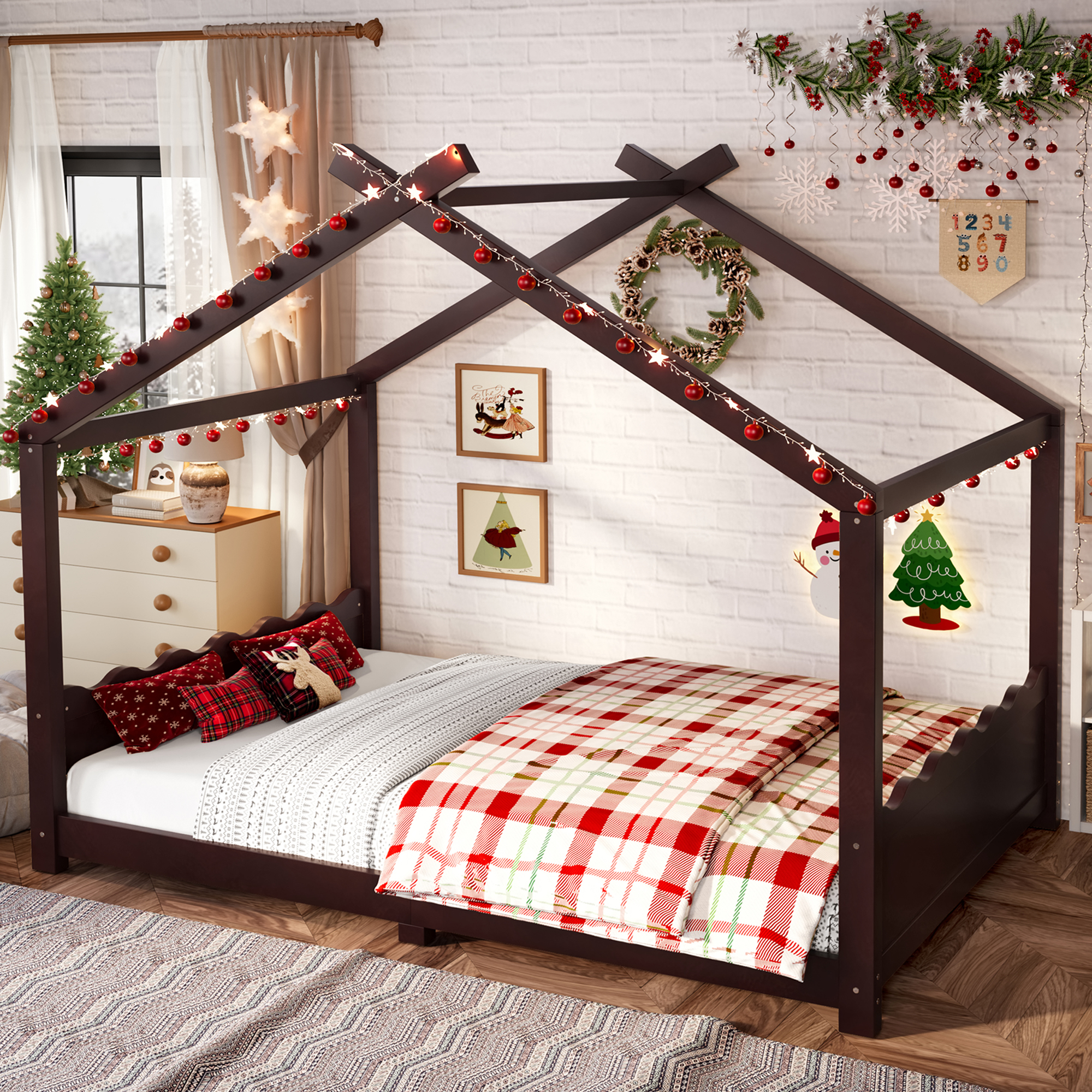 Full House Floor Bed with Support Slats, Solid Wood House Bed Frame for Kids, No Box Spring Needed and Opening Constructure, Espresso